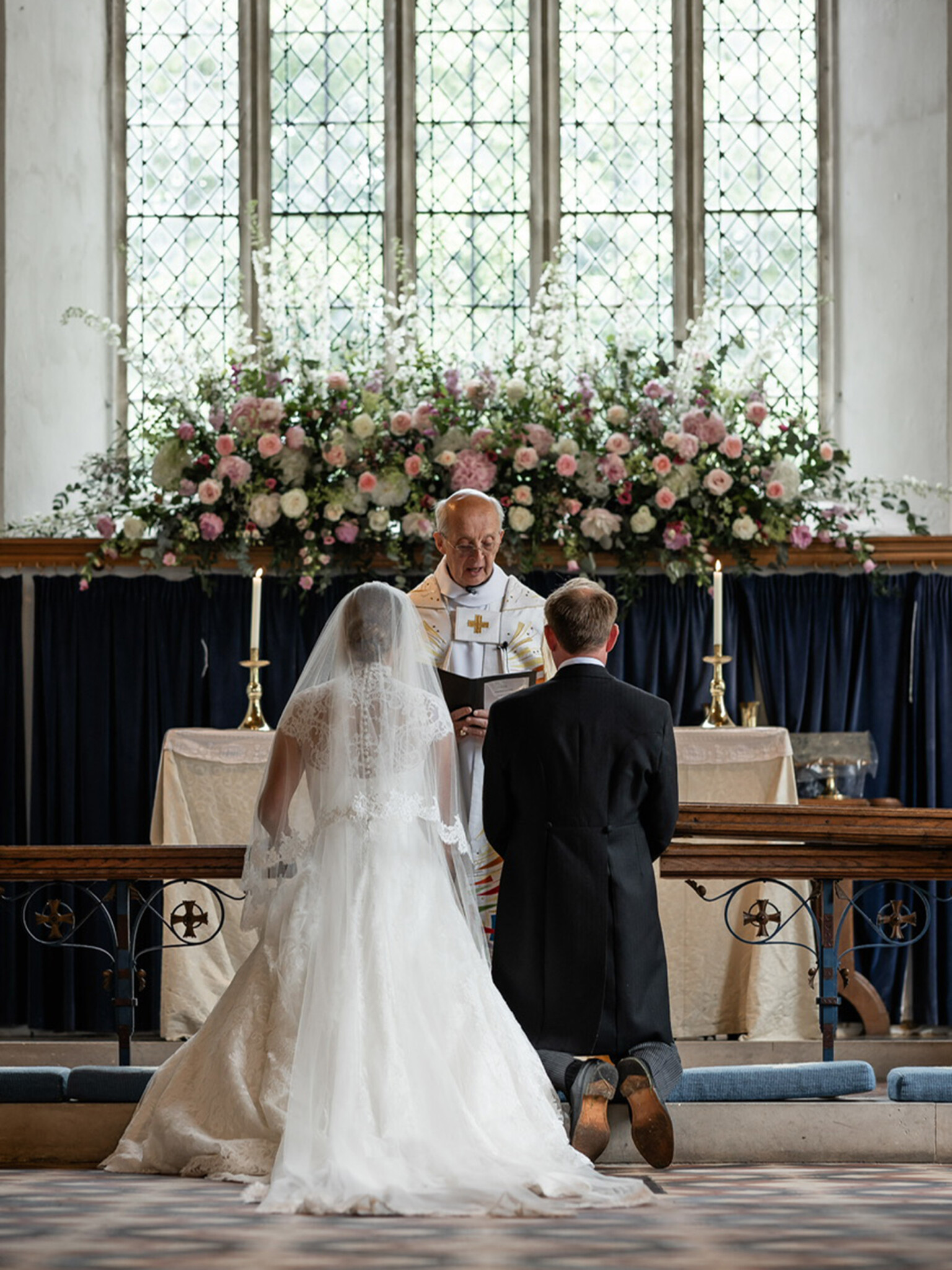 Phillipa Lepley bride Amelia Corseted Couture Scroll Lace Wedding Dress With High Neck Lace Border Veil