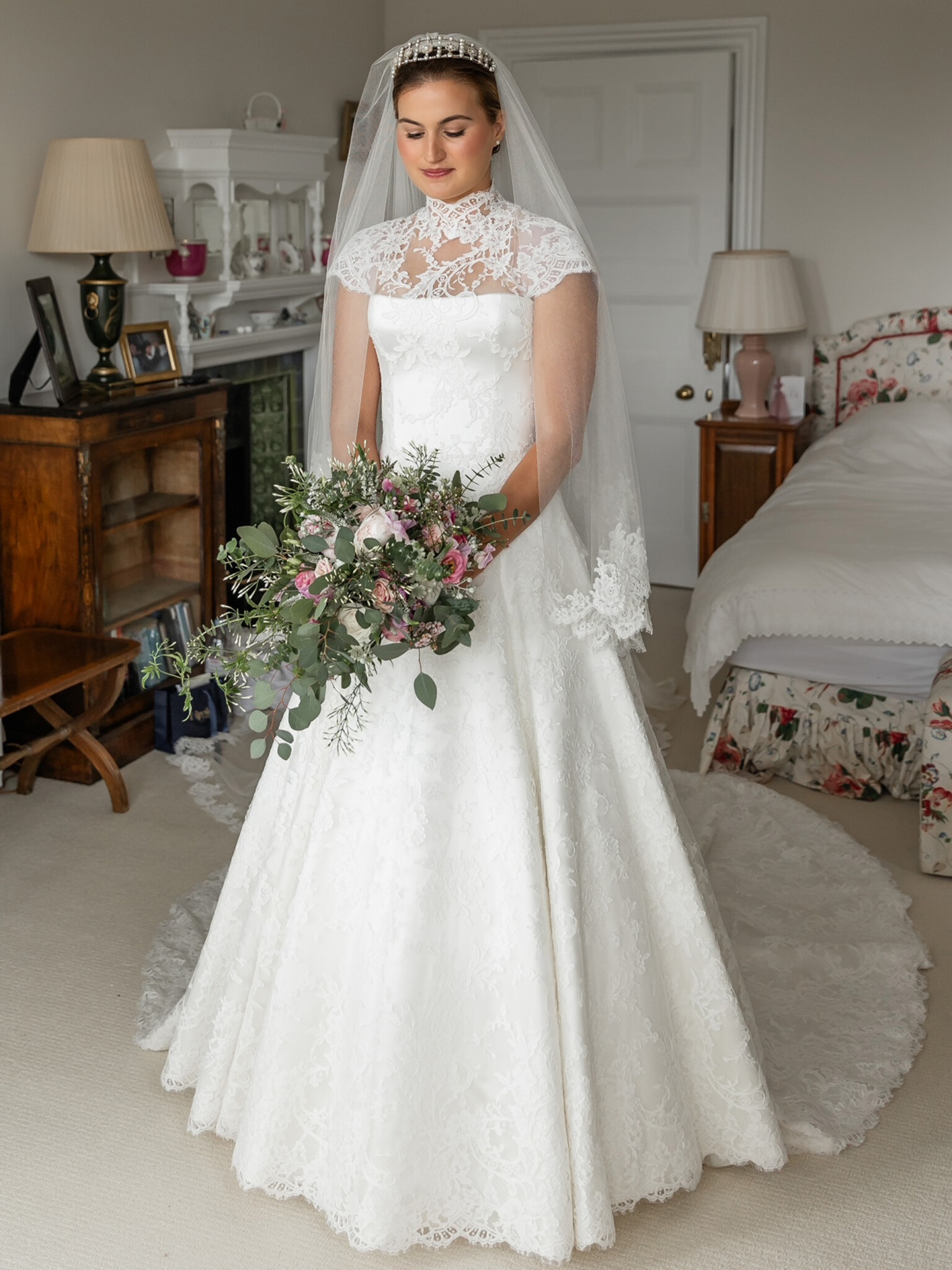 Phillipa Lepley bride Amelia Corseted Couture Scroll Lace Wedding Dress With High Neck Lace Border Veil