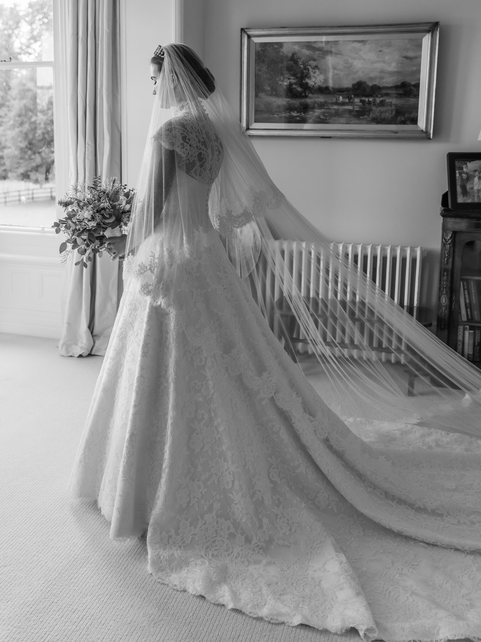 Phillipa Lepley bride Amelia Corseted Couture Scroll Lace Wedding Dress With High Neck Lace Border Veil