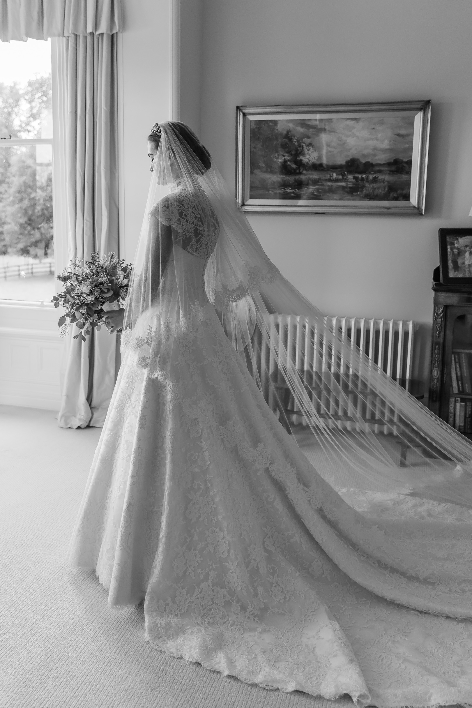 Phillipa Lepley bride Amelia Corseted Couture Scroll Lace Wedding Dress With High Neck Lace Border Veil