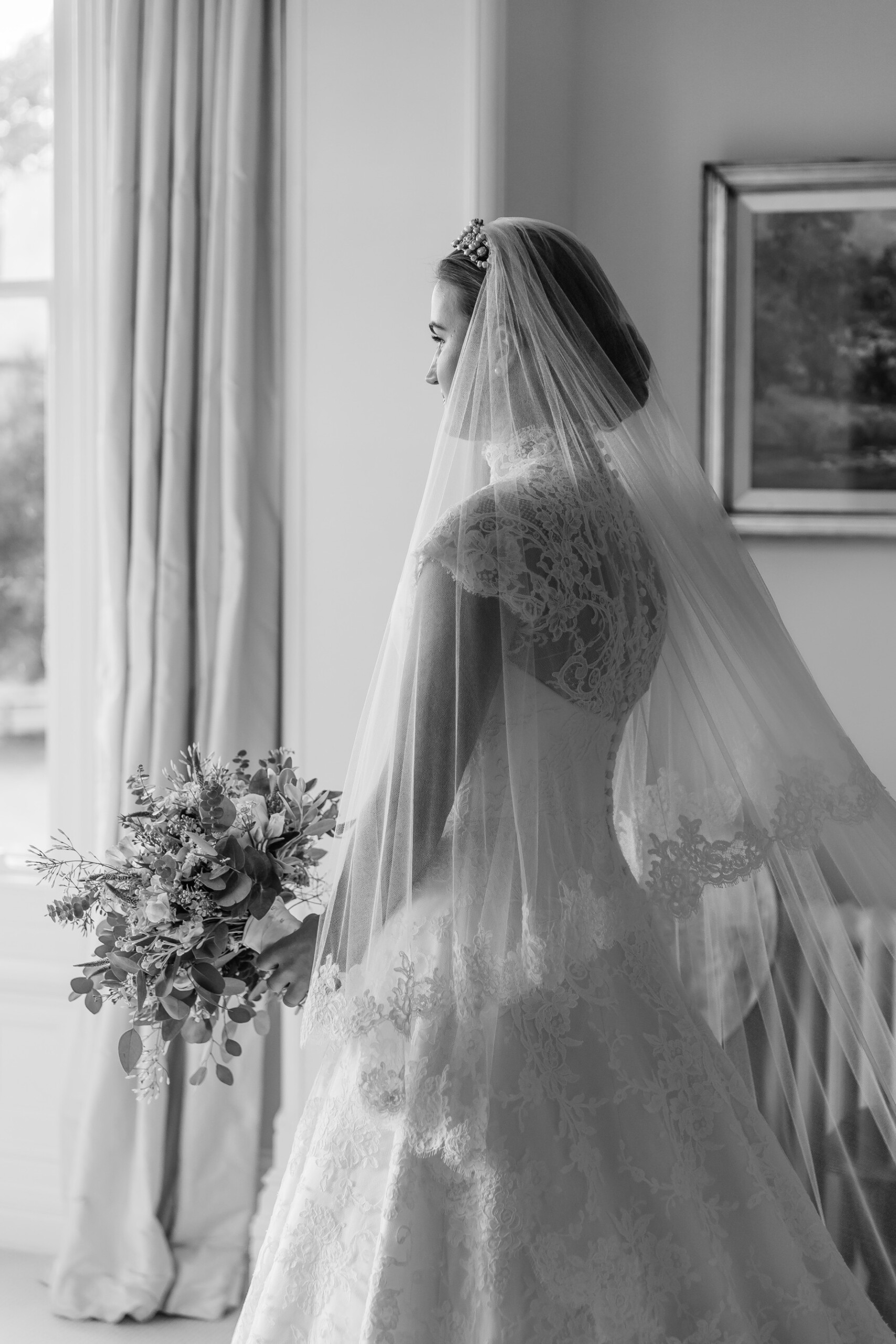 Phillipa Lepley bride Amelia Corseted Couture Scroll Lace Wedding Dress With High Neck Lace Border Veil