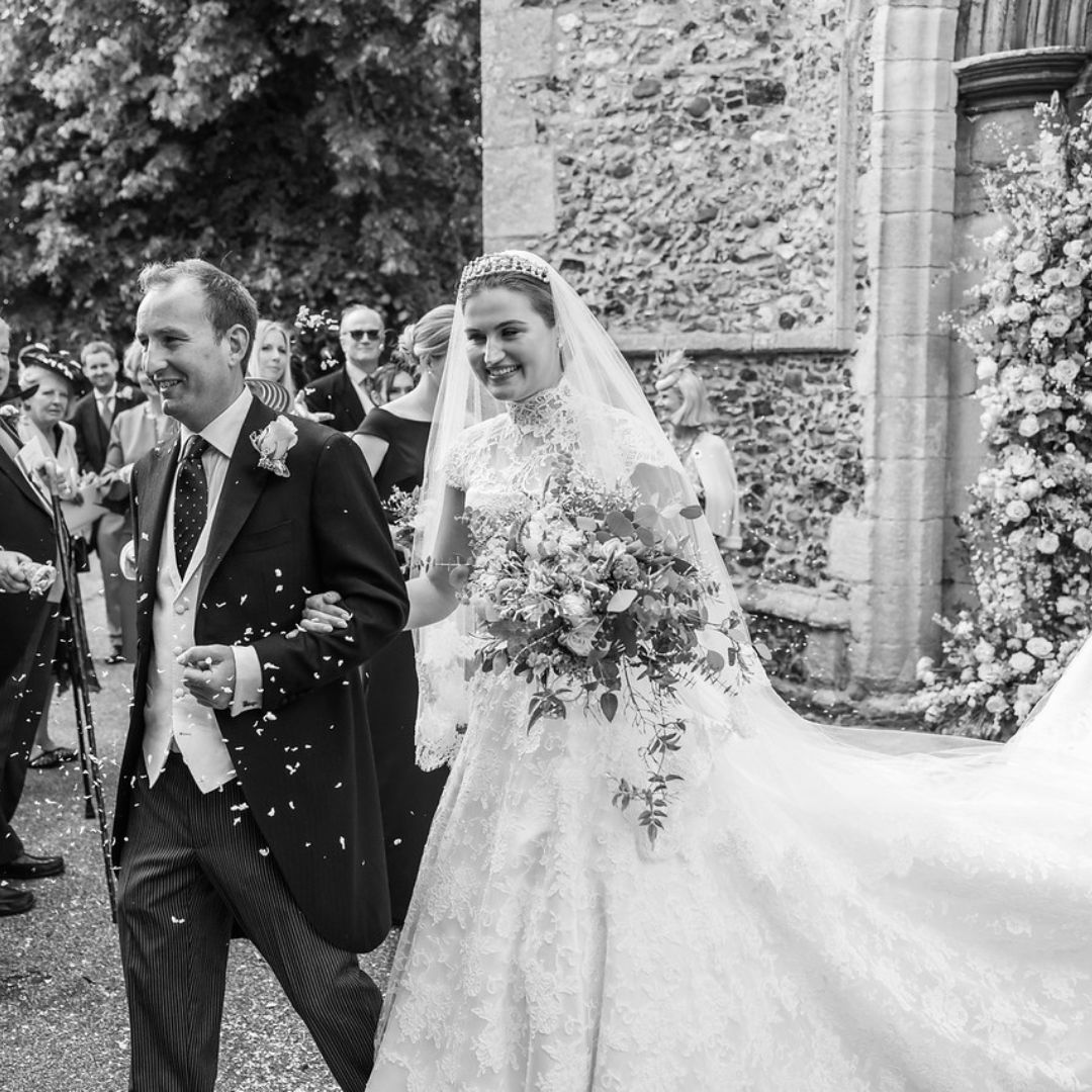 Phillipa Lepley bride Amelia Corseted Couture Scroll Lace Wedding Dress With High Neck Lace Border Veil