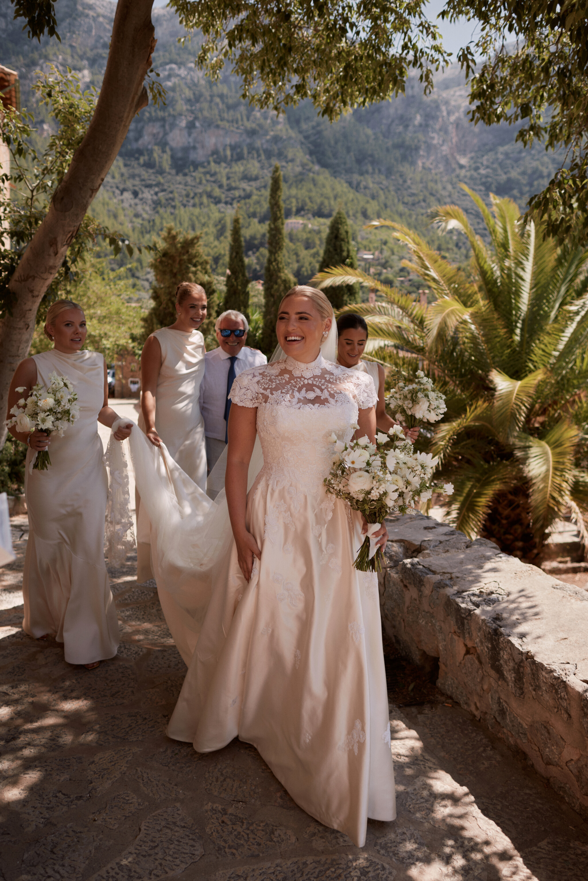 Phillipa Lepley Bride Georgiana Mallorca Wedding Bespoke High Neck Duchess Satin Wedding Dress with Floral Hand Embroidery