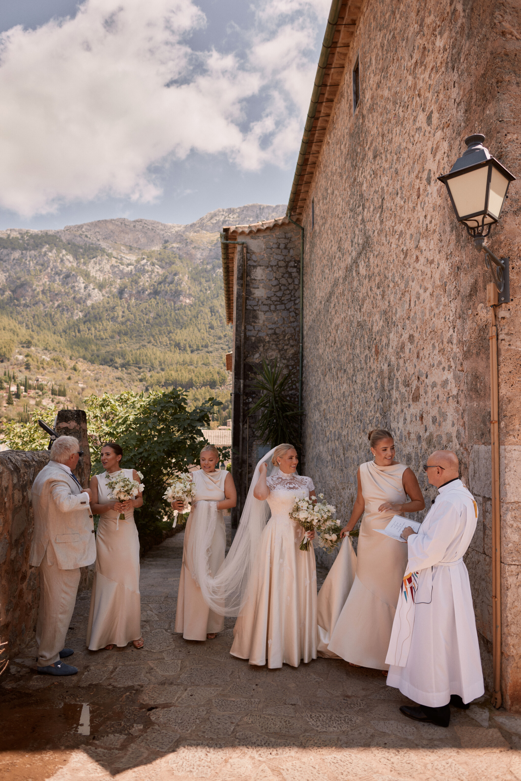 Phillipa Lepley Bride Georgiana Mallorca Wedding Bespoke High Neck Duchess Satin Wedding Dress with Floral Hand Embroidery