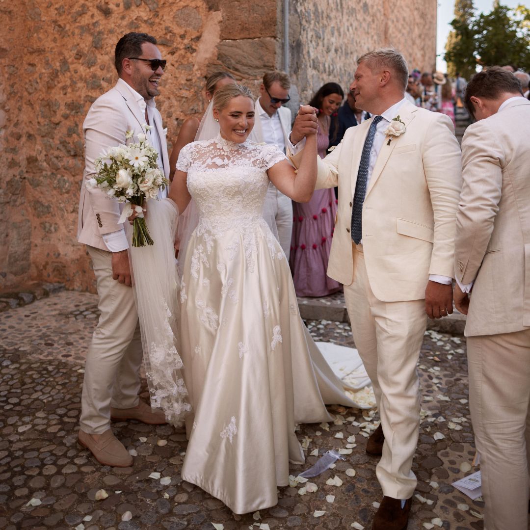 Phillipa Lepley Bride Georgiana Mallorca Wedding Bespoke High Neck Duchess Satin Wedding Dress with Floral Hand Embroidery