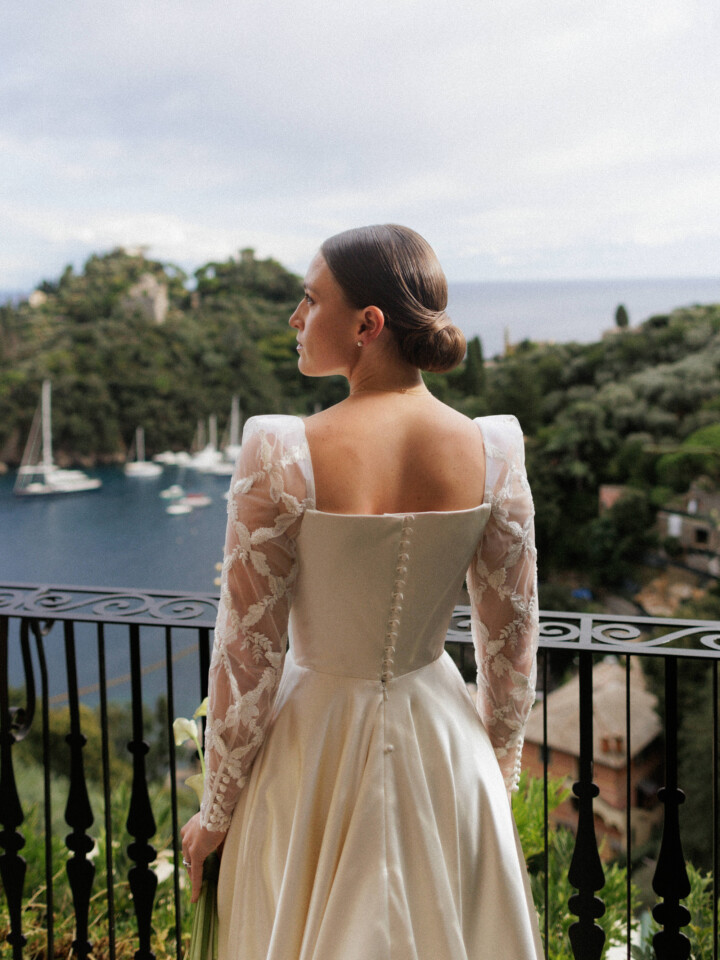 Phillipa Lepley Couture Real Bride Camille Duchess Satin Embroidered Sleeve Dress