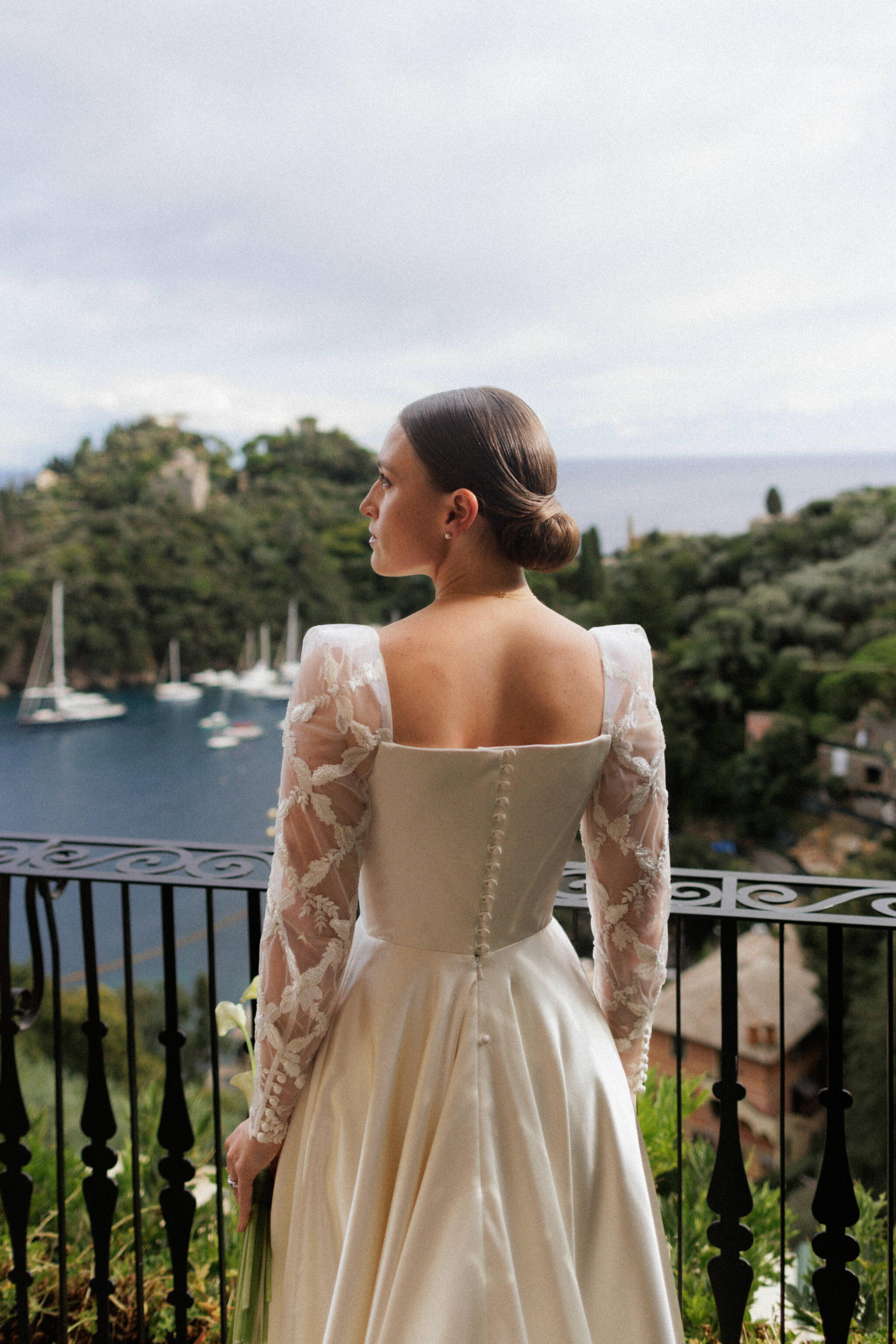 Phillipa Lepley Bride Camille Square Neck Couture Modern Wedding Dress Embroidered Sleeves Portofino Wedding