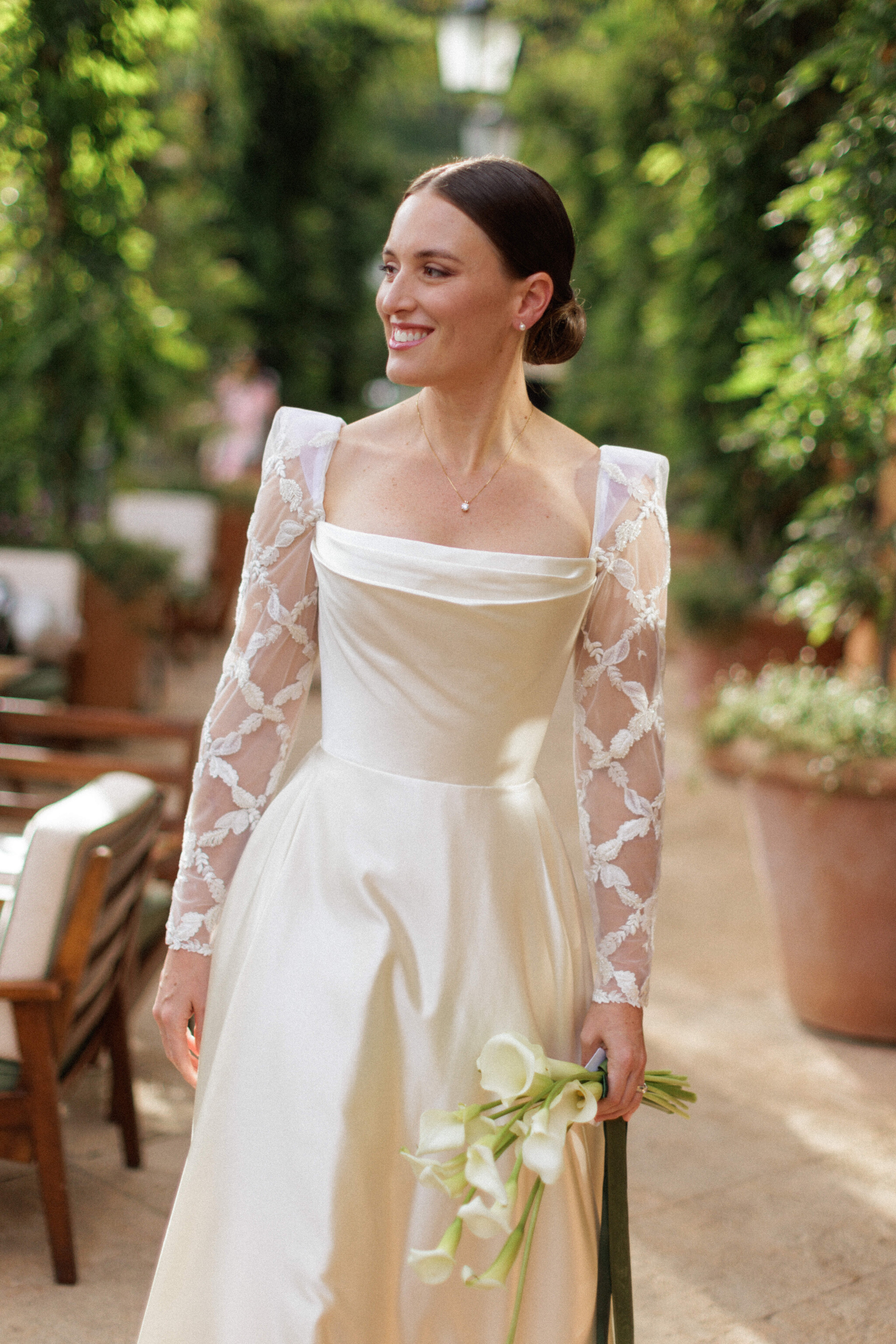 Phillipa Lepley Bride Camille Square Neck Couture Modern Wedding Dress Embroidered Sleeves Portofino Wedding
