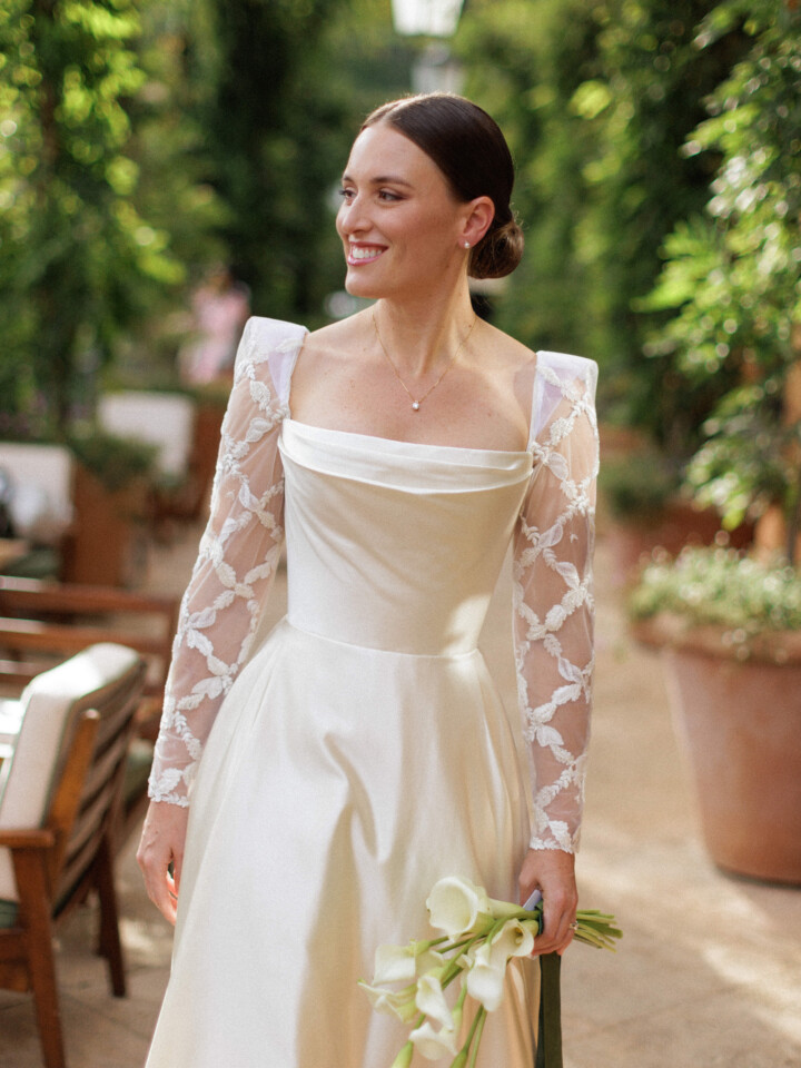 Phillipa Lepley Couture Real Bride Camille Duchess Satin Embroidered Sleeve Dress