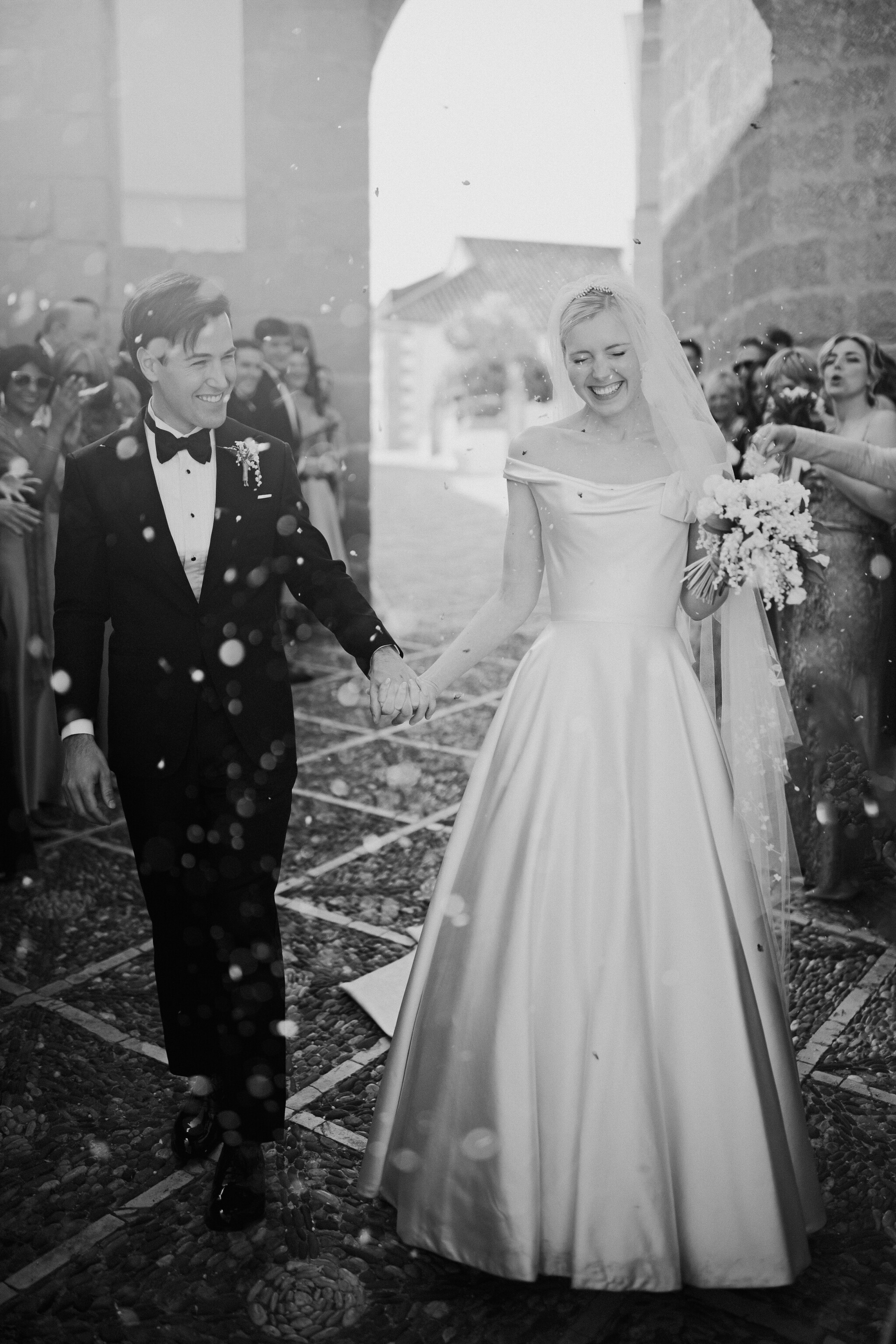 Phillipa Lepley bride Alexandra Timeless Duchess Satin Couture Wedding Dress with Bow and Hand Embroidered Veil Destination Spanish Wedding