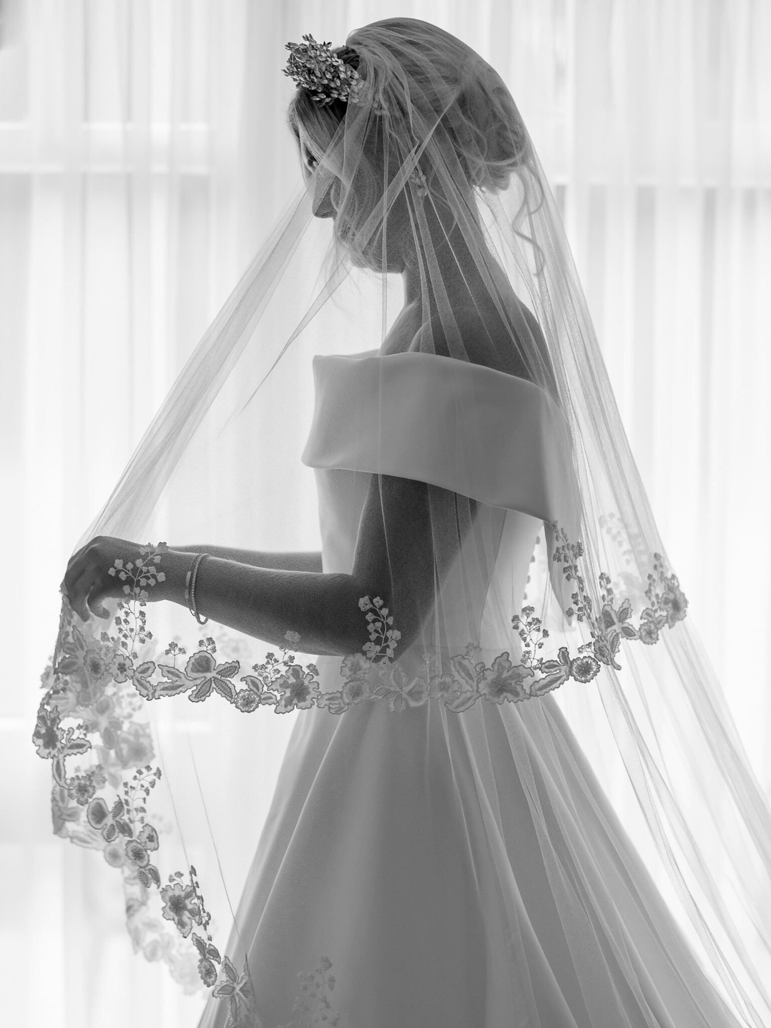 Phillipa Lepley bride Alex Corseted Couture Timeless Off The Shoulder Satin Wedding Dress and Hand Embroidered Veil