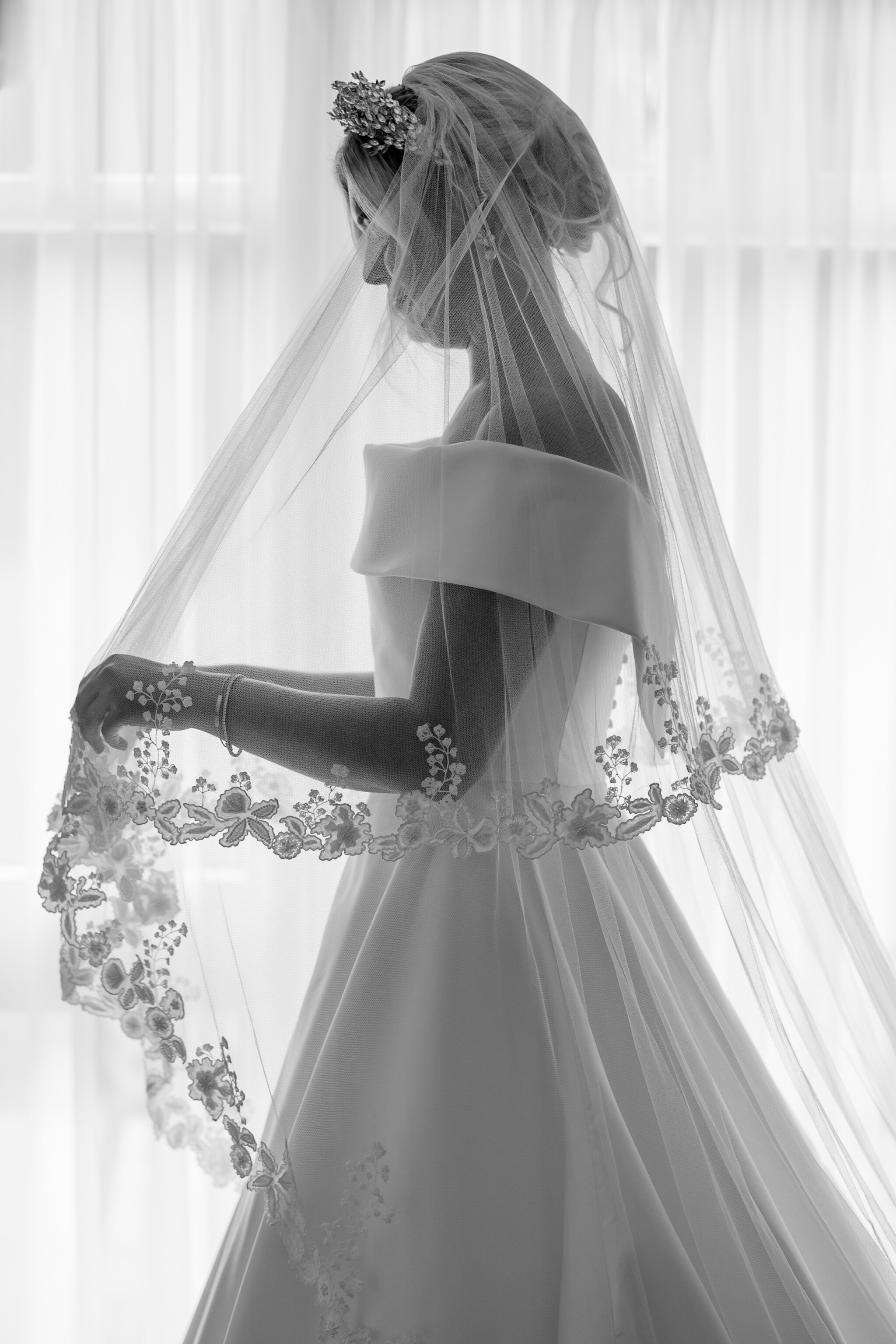 Phillipa Lepley bride Alex Corseted Couture Timeless Off The Shoulder Satin Wedding Dress and Hand Embroidered Veil