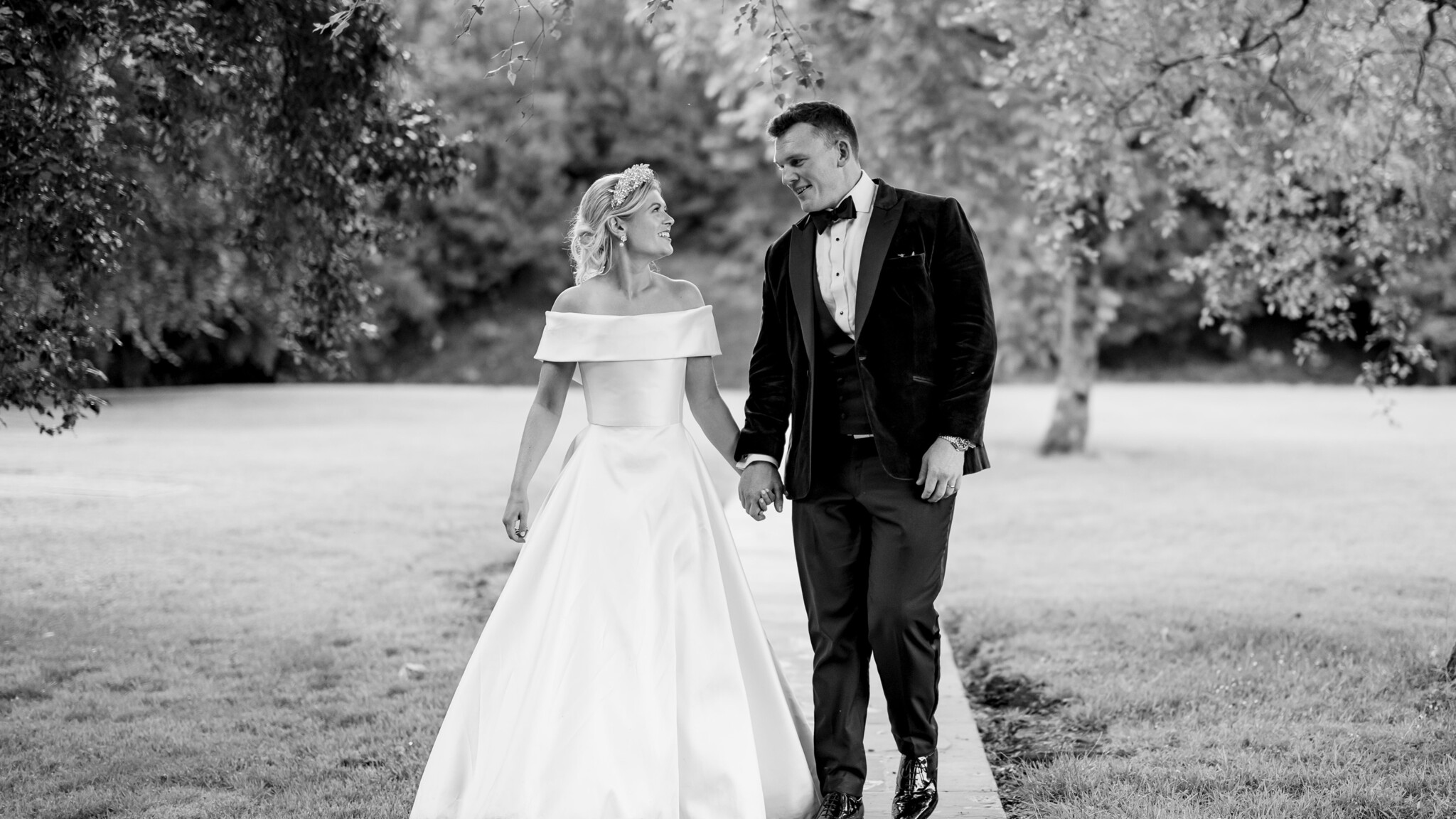 Phillipa Lepley bride Alex Corseted Couture Timeless Off The Shoulder Satin Wedding Dress and Hand Embroidered Veil