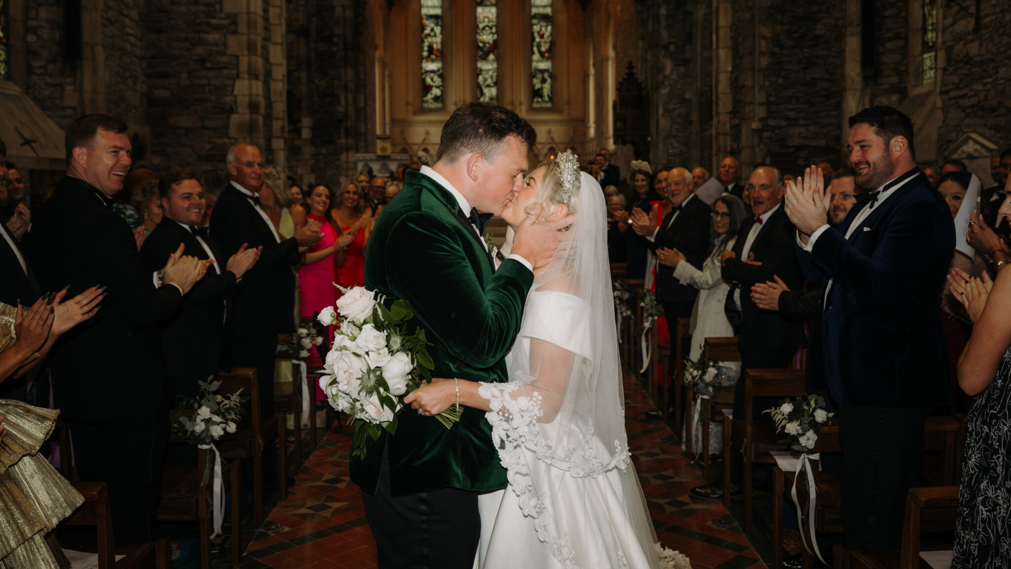 Phillipa Lepley bride Alex Corseted Couture Timeless Off The Shoulder Satin Wedding Dress and Hand Embroidered Veil