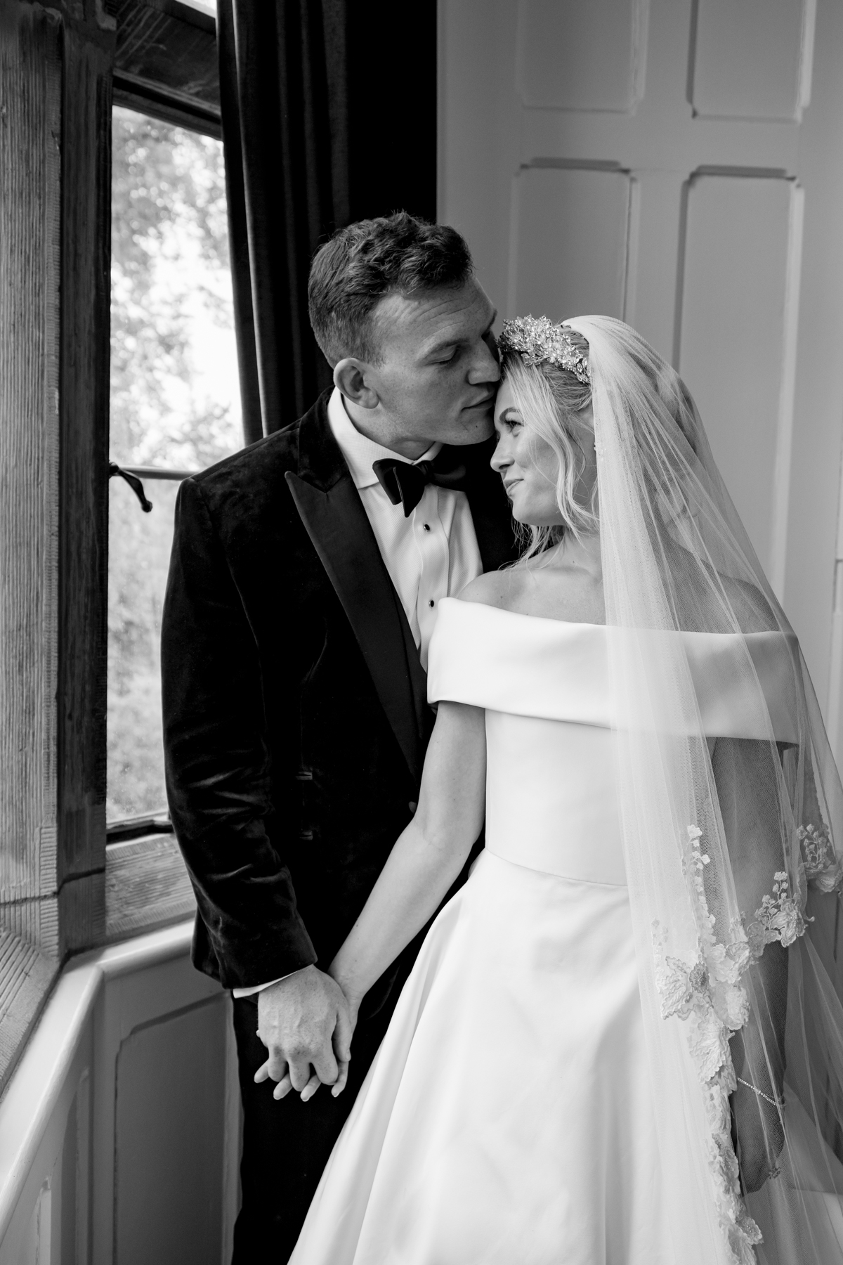 Phillipa Lepley bride Alex Corseted Couture Timeless Off The Shoulder Satin Wedding Dress and Hand Embroidered Veil