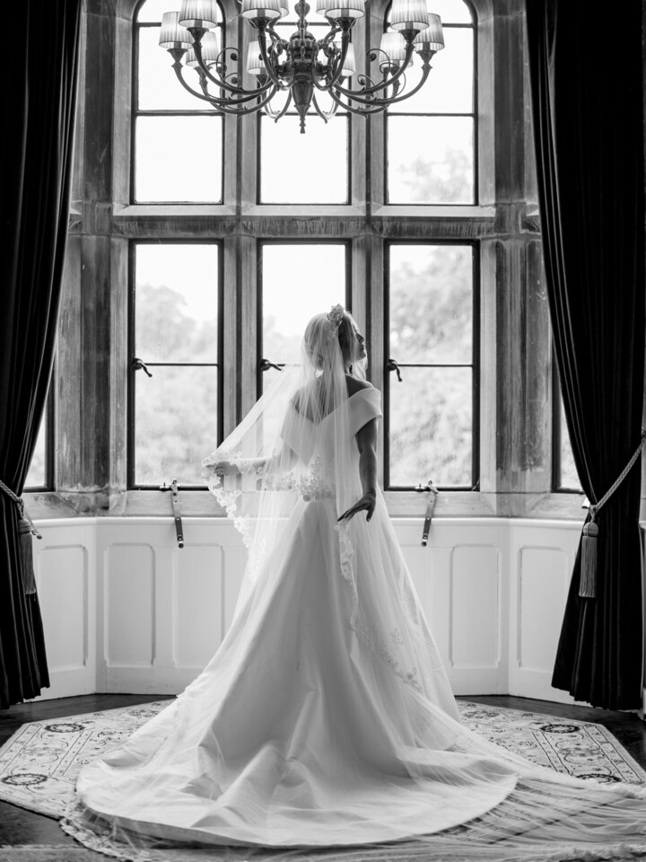 Phillipa Lepley bride Alex Corseted Couture Timeless Off The Shoulder Satin Wedding Dress and Hand Embroidered Veil