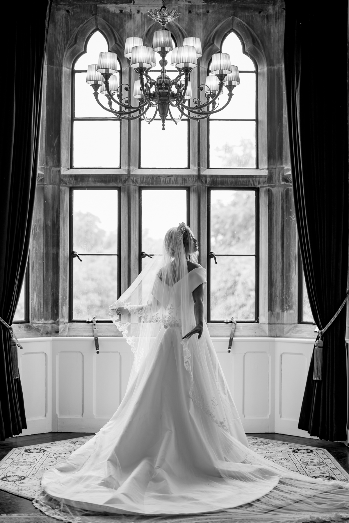 Phillipa Lepley bride Alex Corseted Couture Timeless Off The Shoulder Satin Wedding Dress and Hand Embroidered Veil