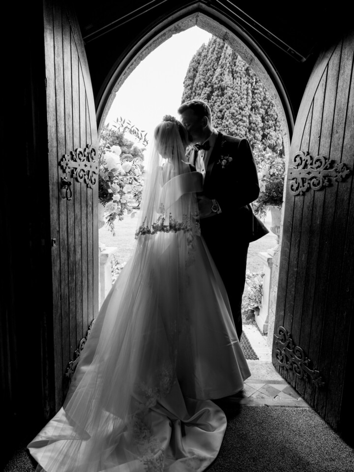 Phillipa Lepley bride Alex Corseted Couture Timeless Off The Shoulder Satin Wedding Dress and Hand Embroidered Veil