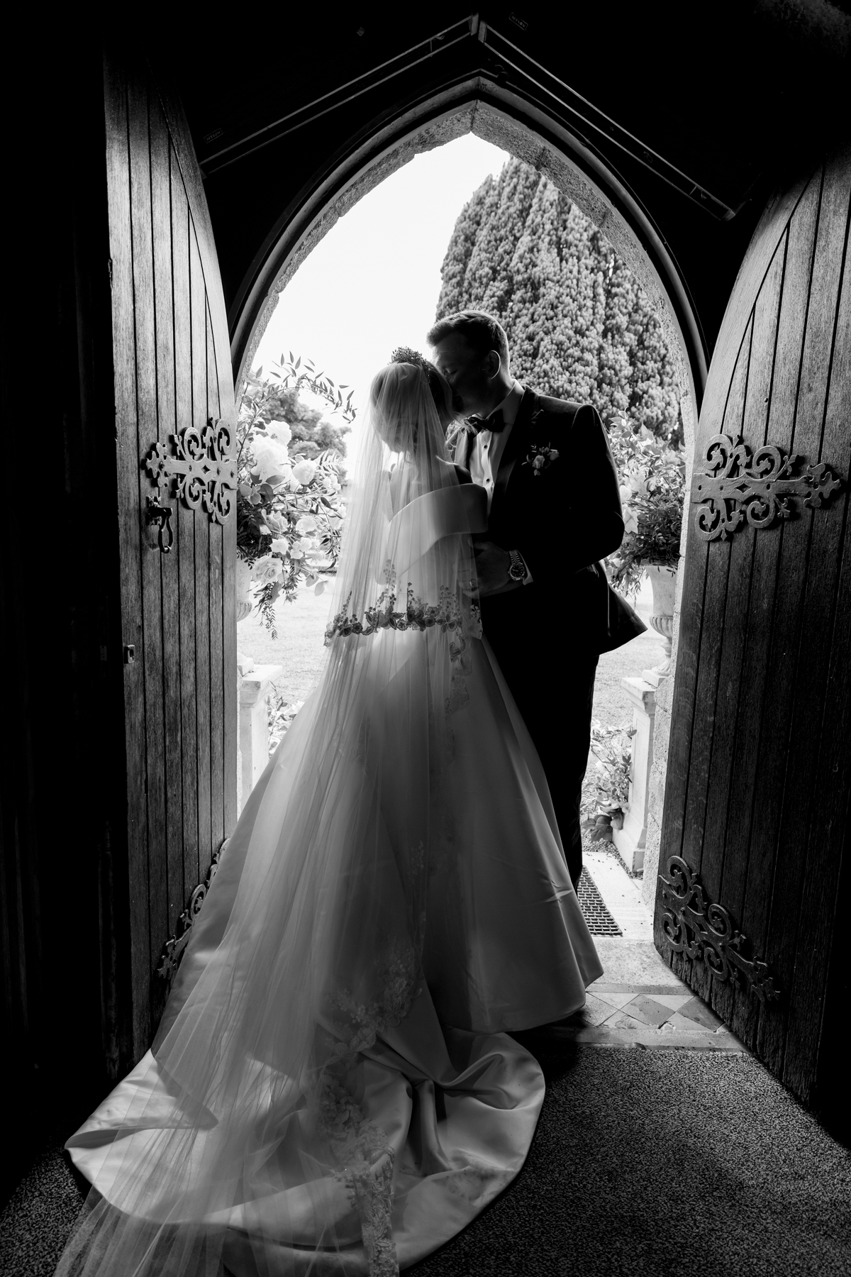 Phillipa Lepley bride Alex Corseted Couture Timeless Off The Shoulder Satin Wedding Dress and Hand Embroidered Veil