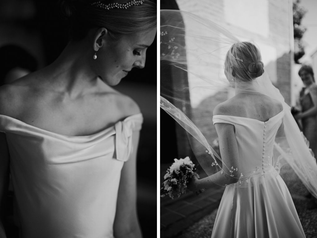 Phillipa Lepley bride Alexandra Timeless Duchess Satin Couture Wedding Dress with Bow and Hand Embroidered Veil Destination Spanish Wedding