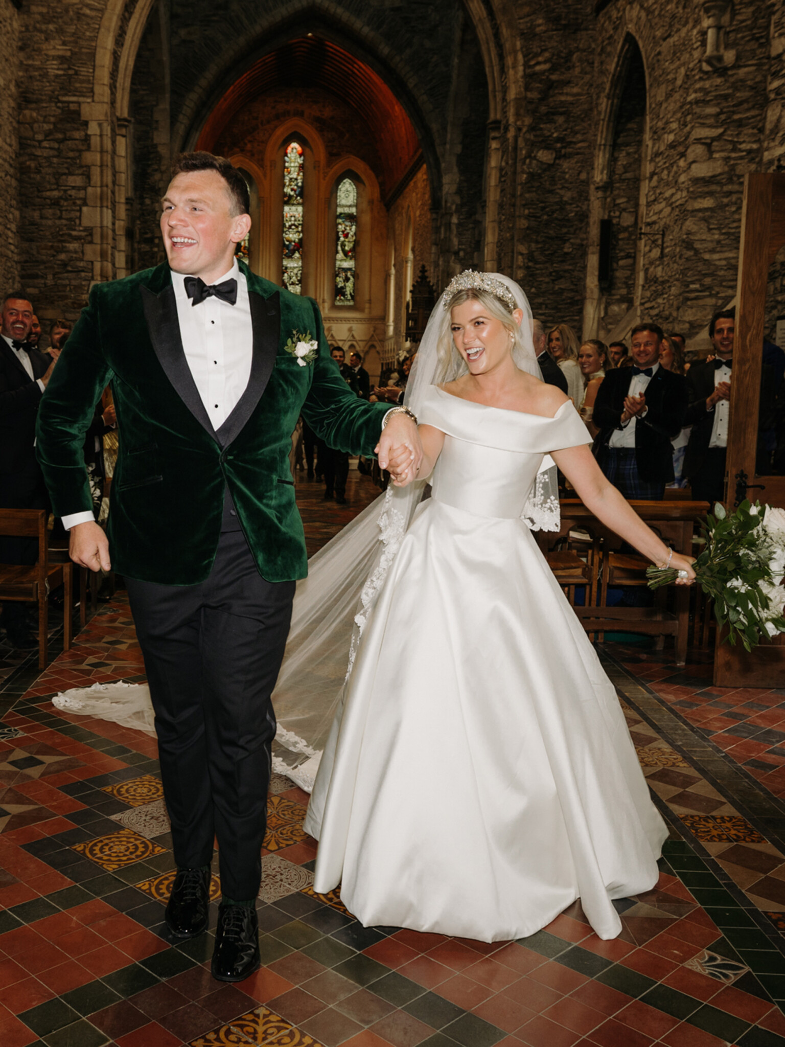 Phillipa Lepley bride Alex Corseted Couture Timeless Off The Shoulder Satin Wedding Dress and Hand Embroidered Veil