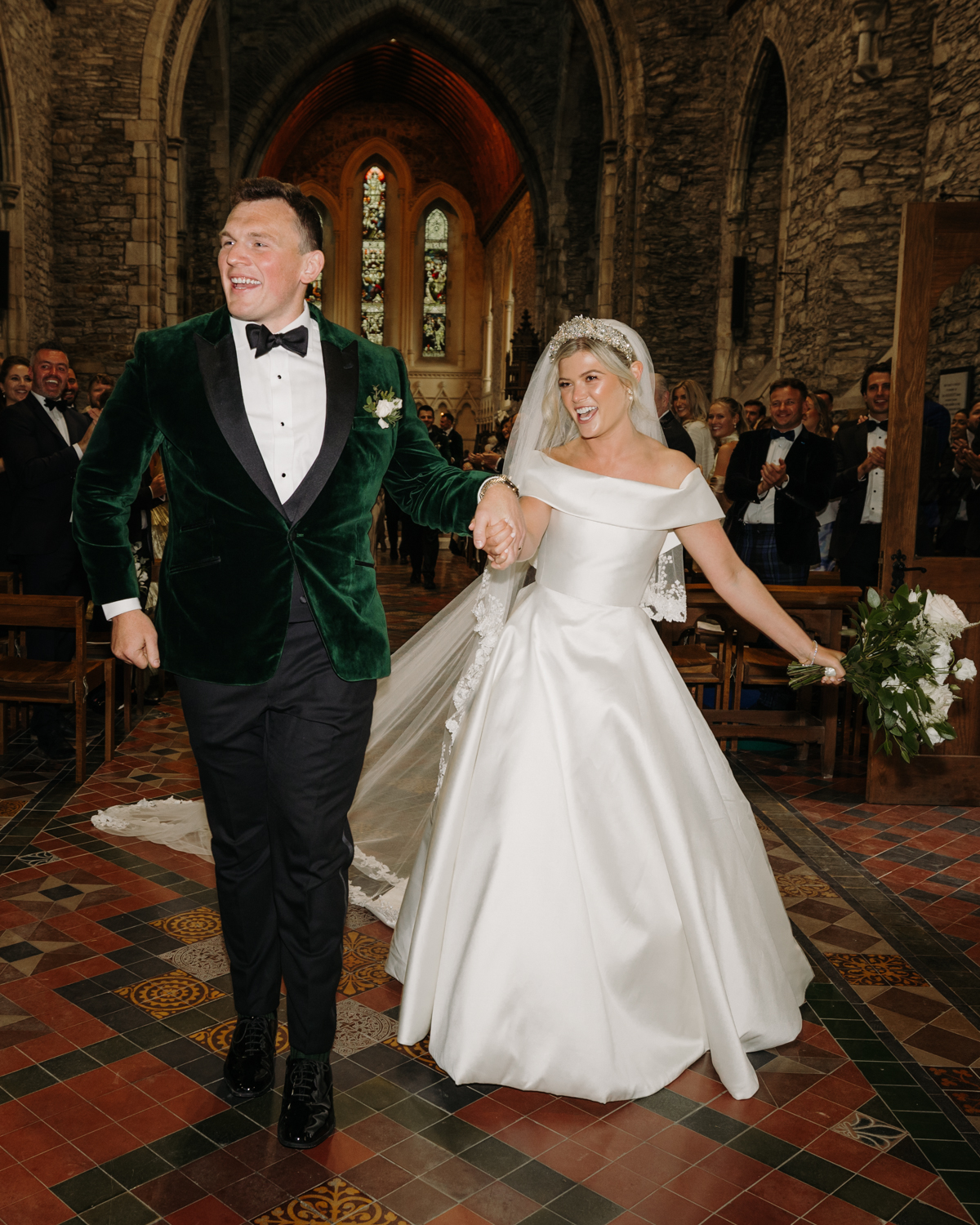 Phillipa Lepley bride Alex Corseted Couture Timeless Off The Shoulder Satin Wedding Dress and Hand Embroidered Veil