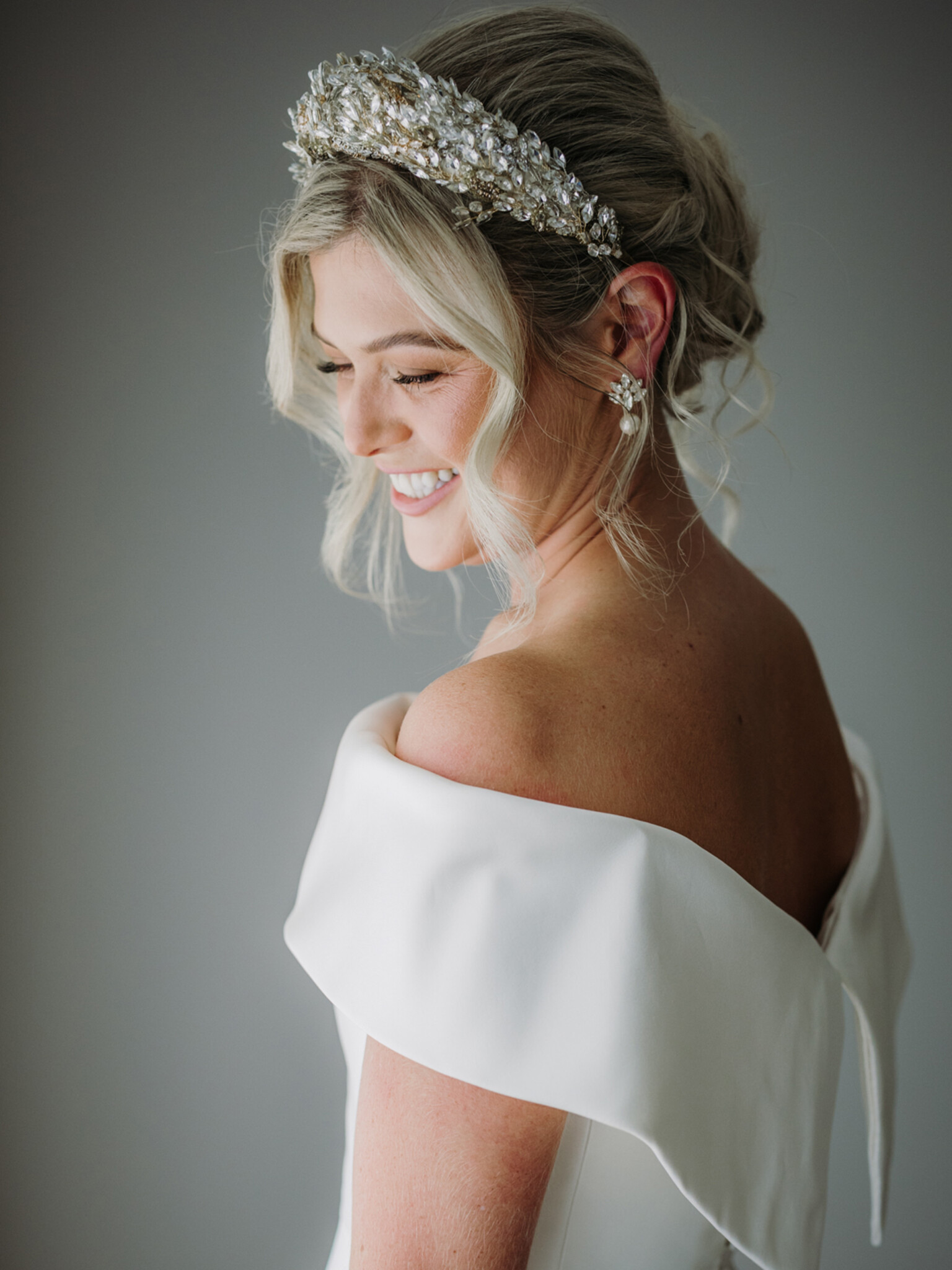 Phillipa Lepley bride Alex Corseted Couture Timeless Off The Shoulder Satin Wedding Dress and Hand Embroidered Veil
