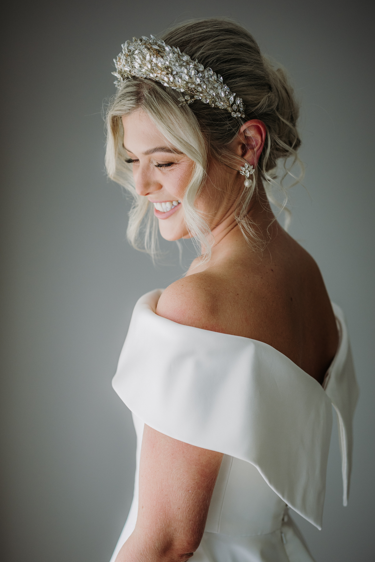 Phillipa Lepley bride Alex Corseted Couture Timeless Off The Shoulder Satin Wedding Dress and Hand Embroidered Veil