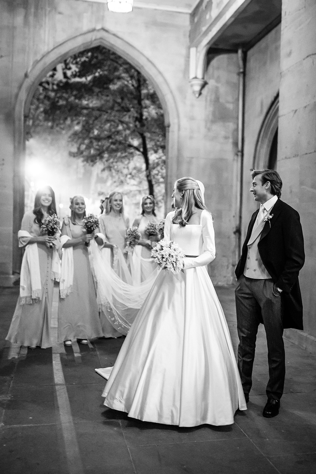 Phillipa Lepley bride Olivia bespoke ivory Italian duchess satin wedding dress winter church wedding hand embroidered veil