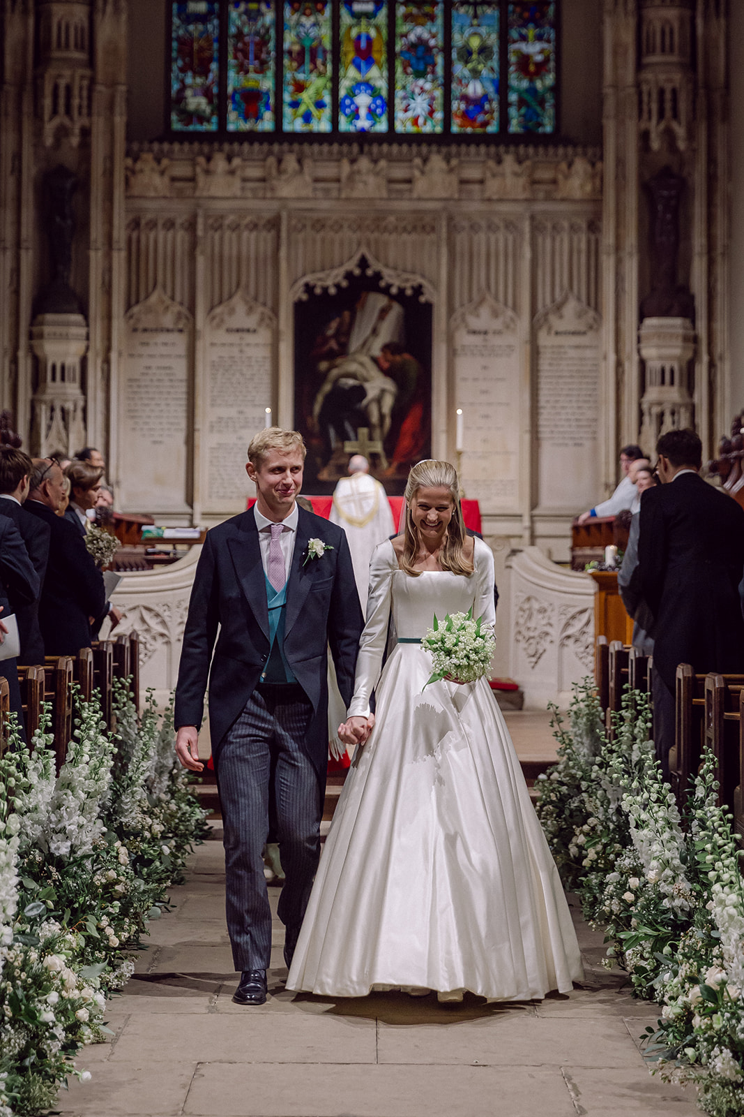 Phillipa Lepley bride Olivia bespoke ivory Italian duchess satin wedding dress winter church wedding hand embroidered veil