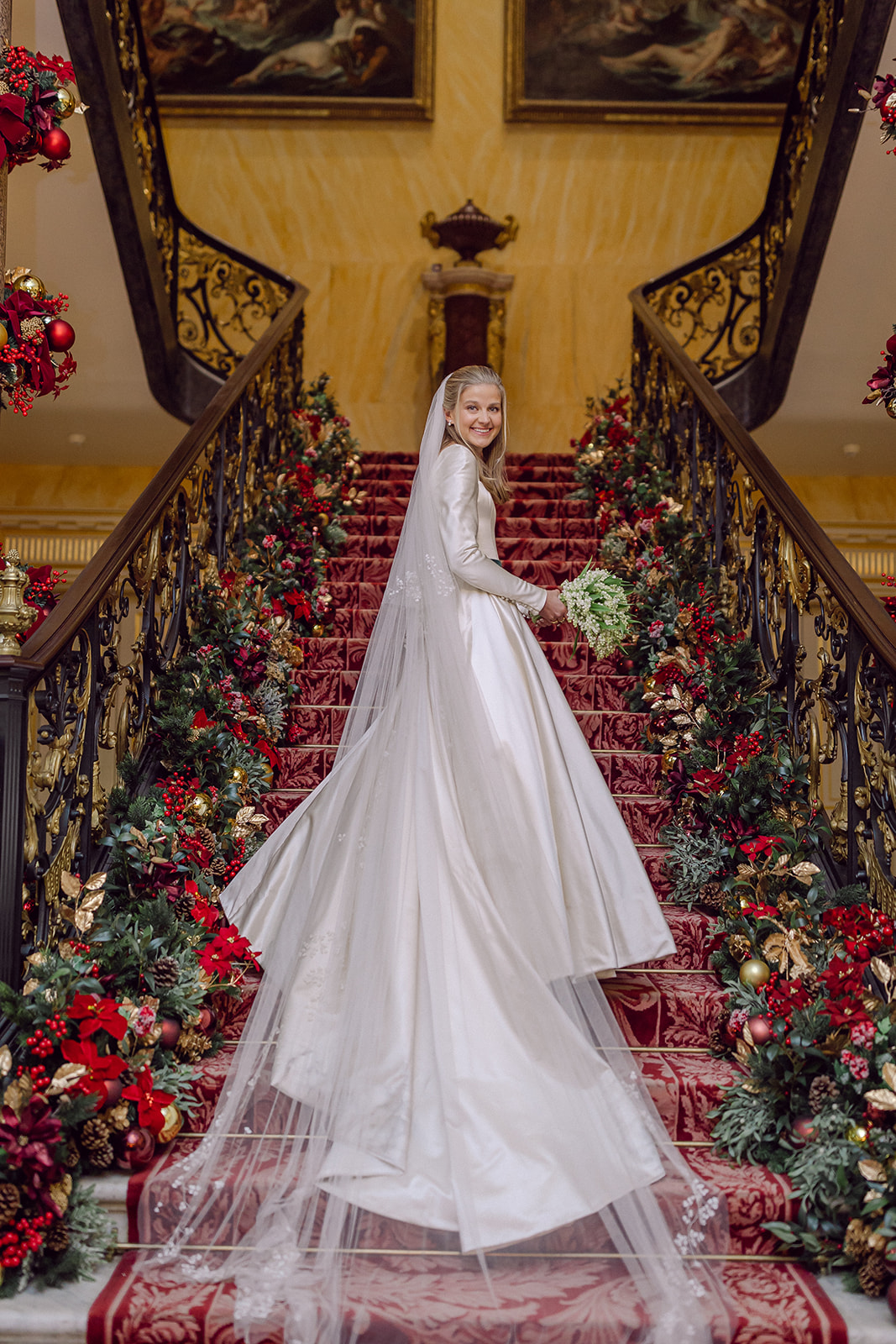 Phillipa Lepley bride Olivia bespoke ivory Italian duchess satin wedding dress winter church wedding hand embroidered veil