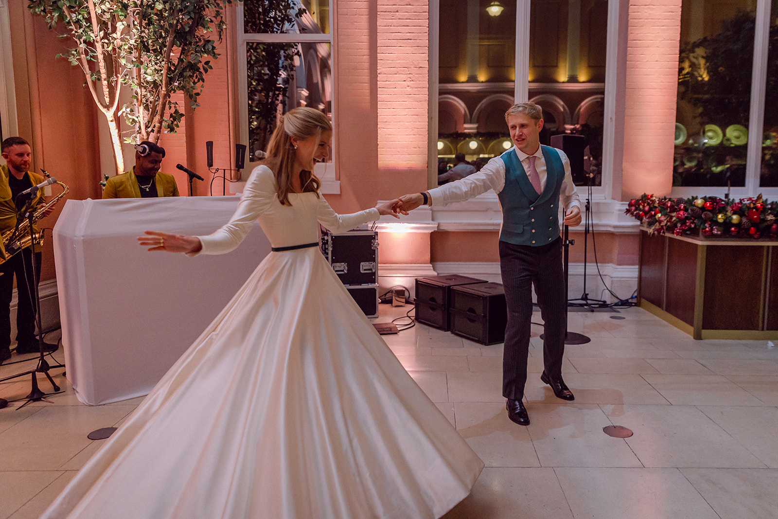 Phillipa Lepley bride Olivia bespoke ivory Italian duchess satin wedding dress winter church wedding hand embroidered veil