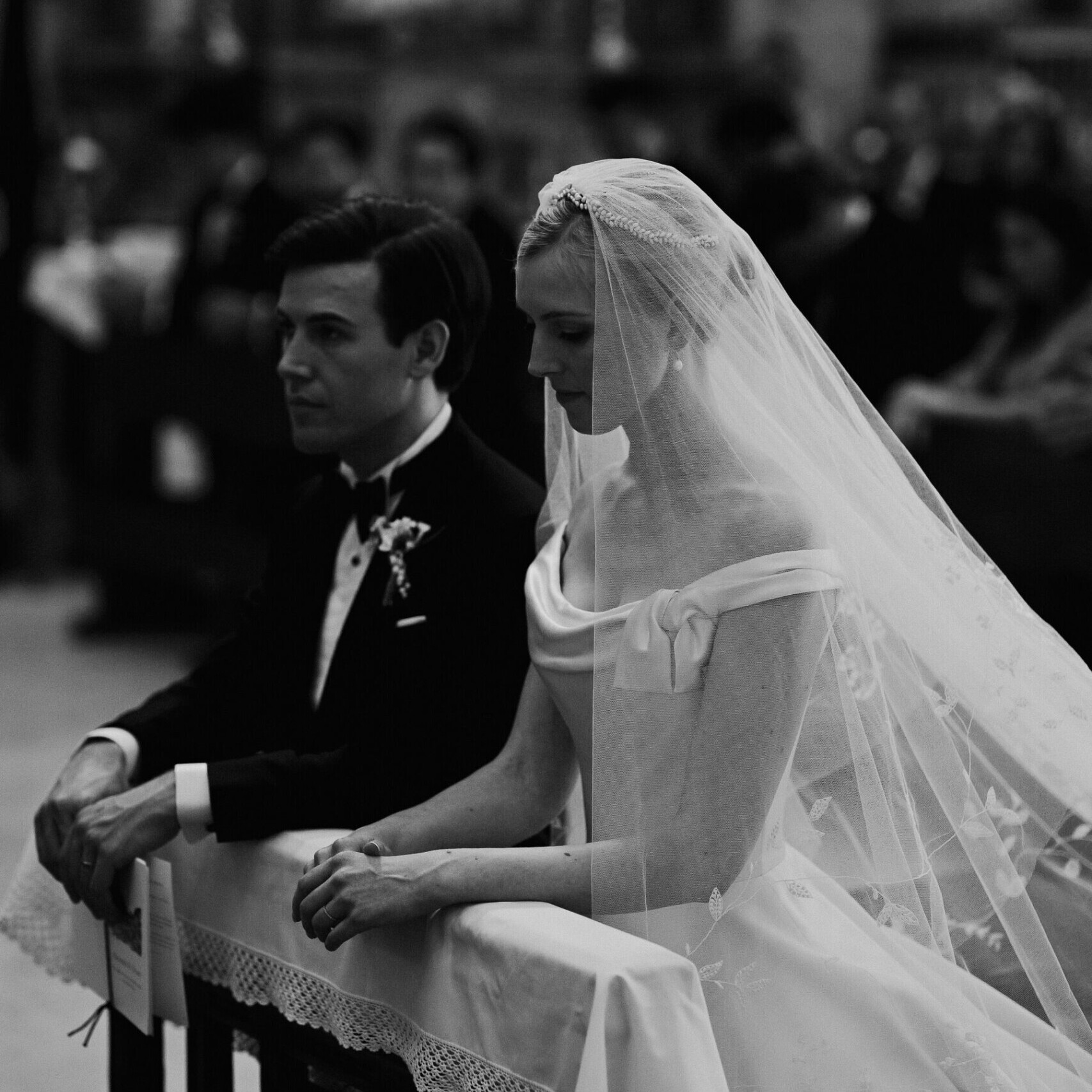 Phillipa Lepley bride Alexandra Timeless Duchess Satin Couture Wedding Dress with Bow and Hand Embroidered Veil Destination Spanish Wedding