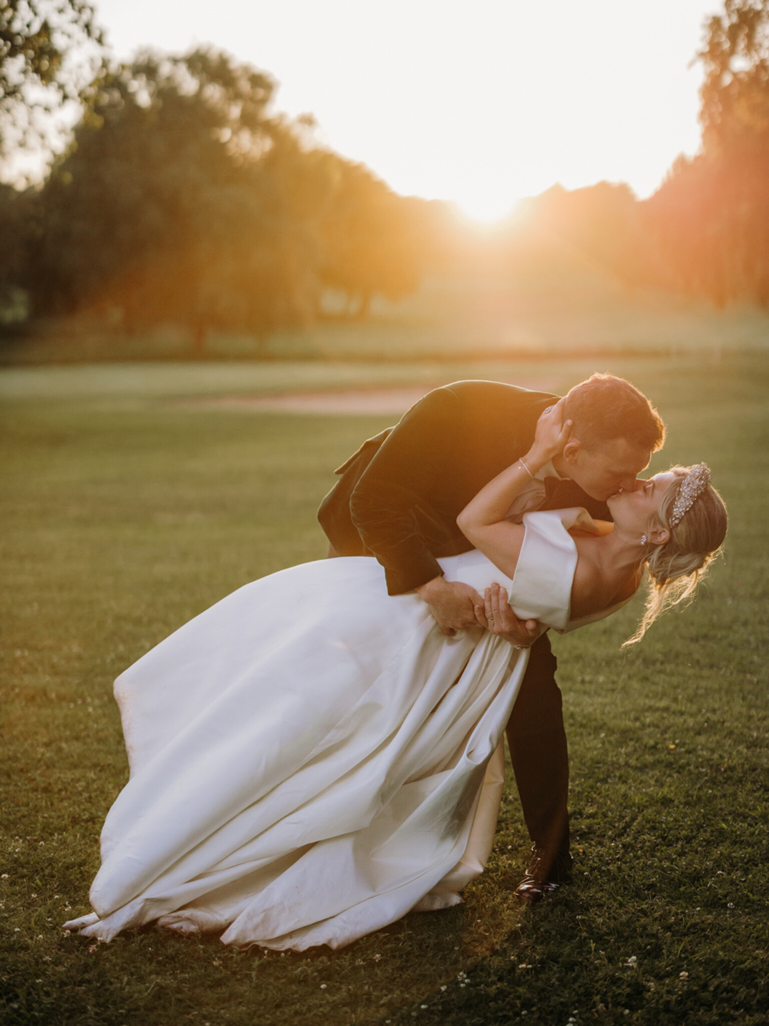 Phillipa Lepley bride Alex Corseted Couture Timeless Off The Shoulder Satin Wedding Dress and Hand Embroidered Veil