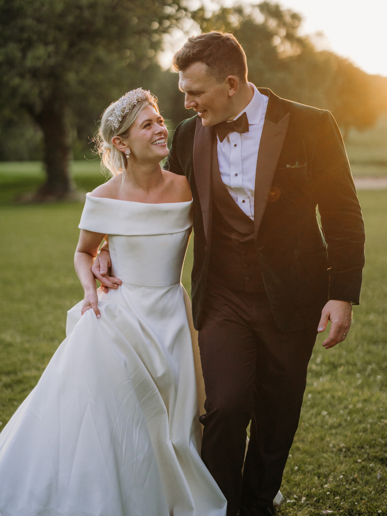 Phillipa Lepley bride Alex Corseted Couture Timeless Off The Shoulder Satin Wedding Dress and Hand Embroidered Veil