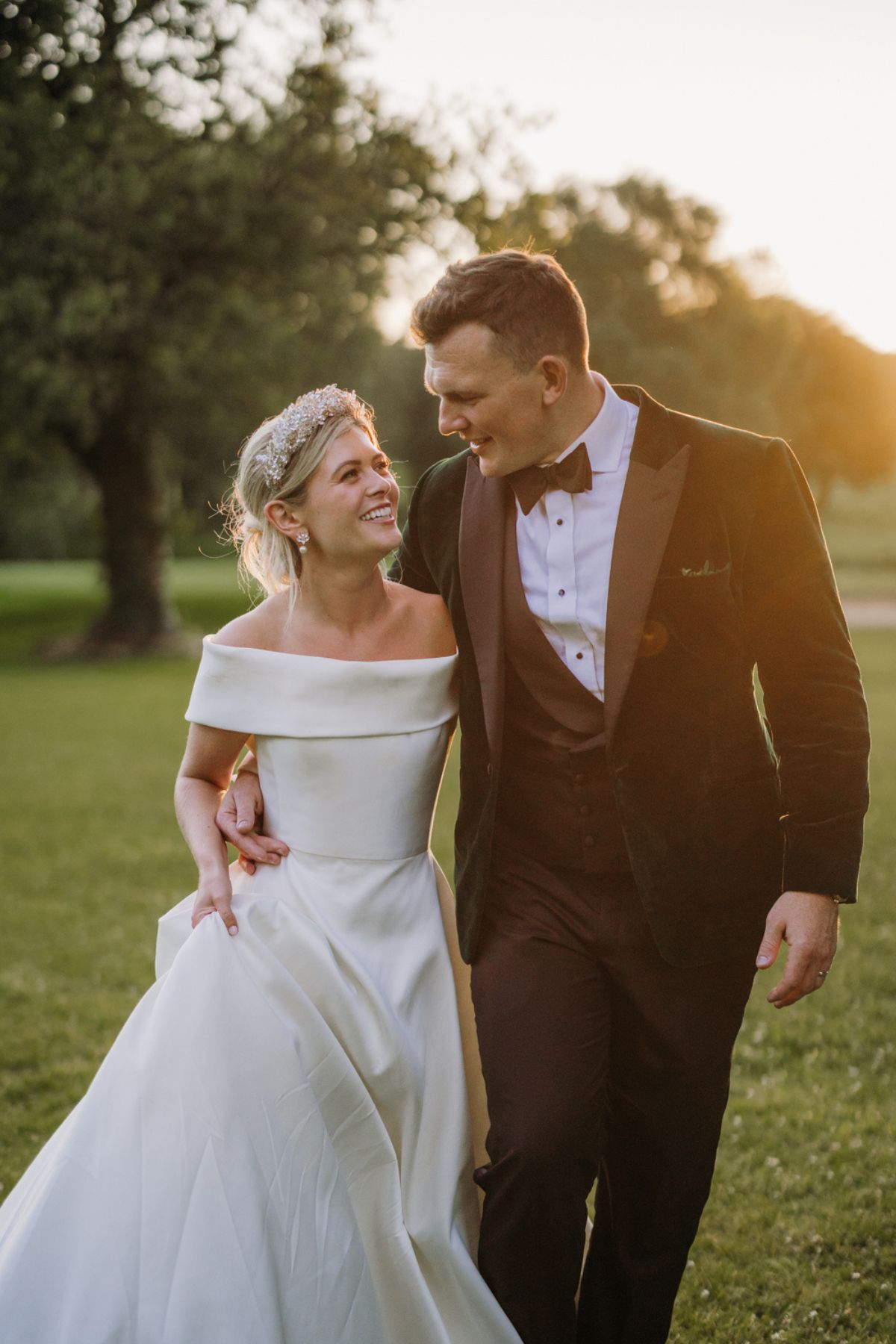 Phillipa Lepley bride Alex Corseted Couture Timeless Off The Shoulder Satin Wedding Dress and Hand Embroidered Veil