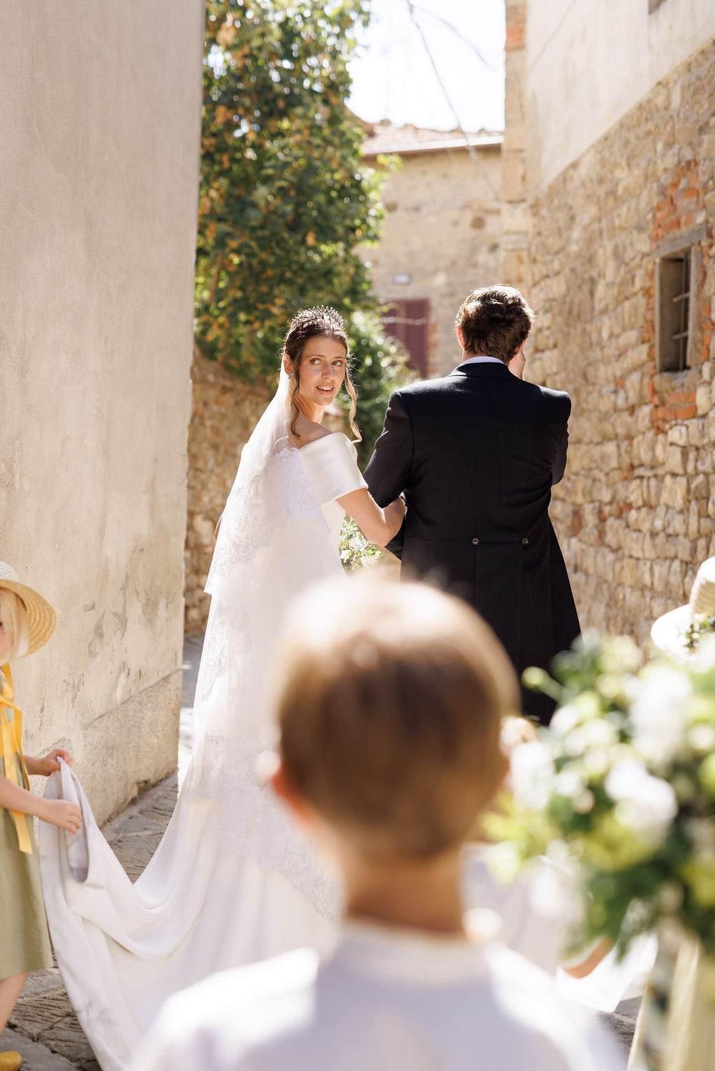 Phillipa Lepley bride Tatiana Silk Crepe and Duchess Satin Wedding Dress Bespoke Personal Embroidery Tuscany Italian Wedding