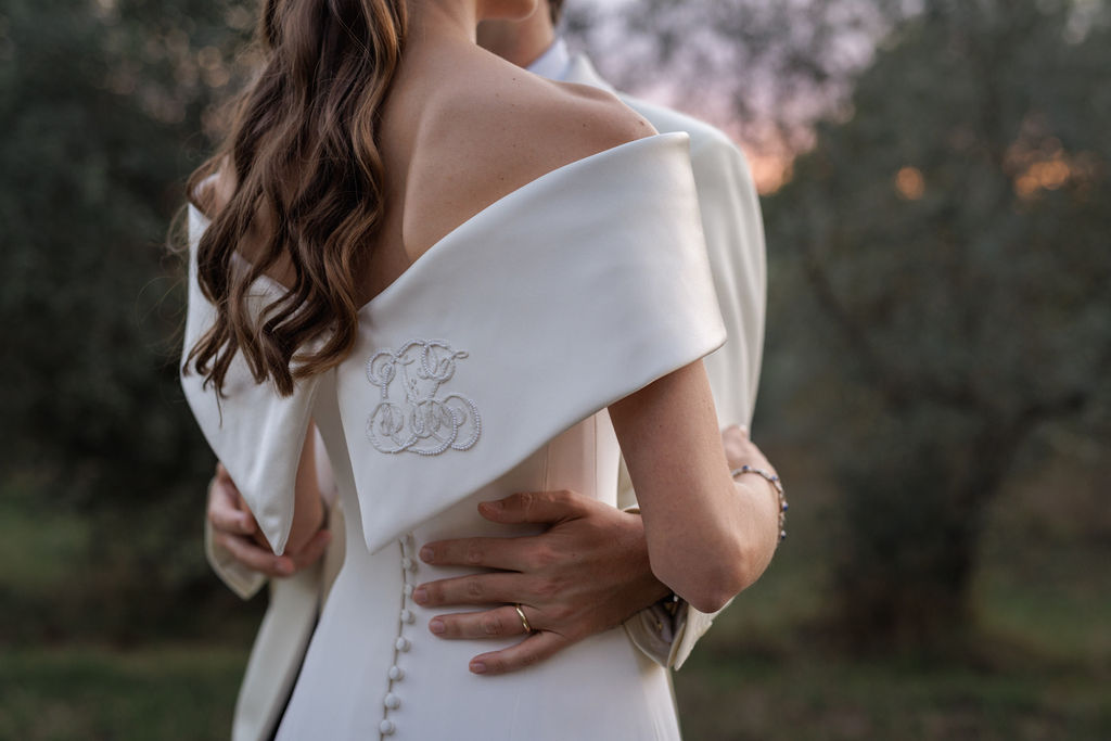 Phillipa Lepley bride Tatiana Silk Crepe and Duchess Satin Wedding Dress Bespoke Personal Embroidery Tuscany Italian Wedding