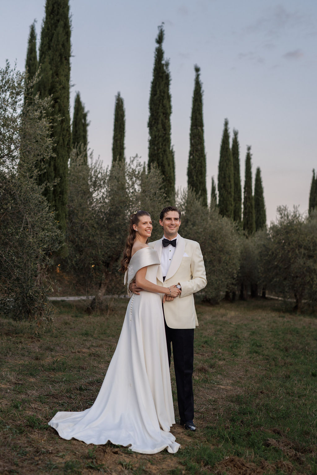 Phillipa Lepley bride Tatiana Silk Crepe and Duchess Satin Wedding Dress Bespoke Personal Embroidery Tuscany Italian Wedding