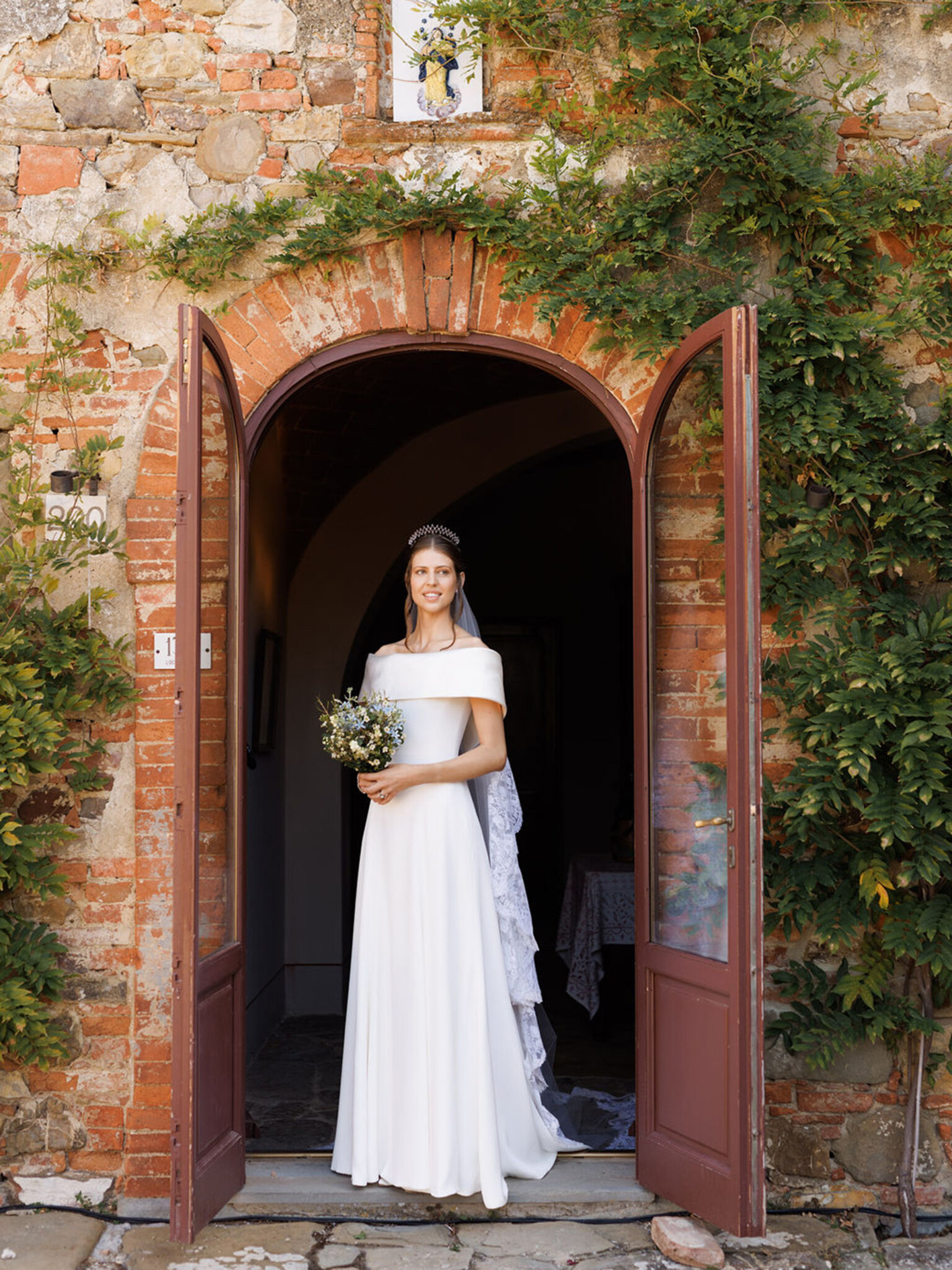 Phillipa Lepley bride Tatiana Silk Crepe and Duchess Satin Wedding Dress Bespoke Personal Embroidery Tuscany Italian Wedding