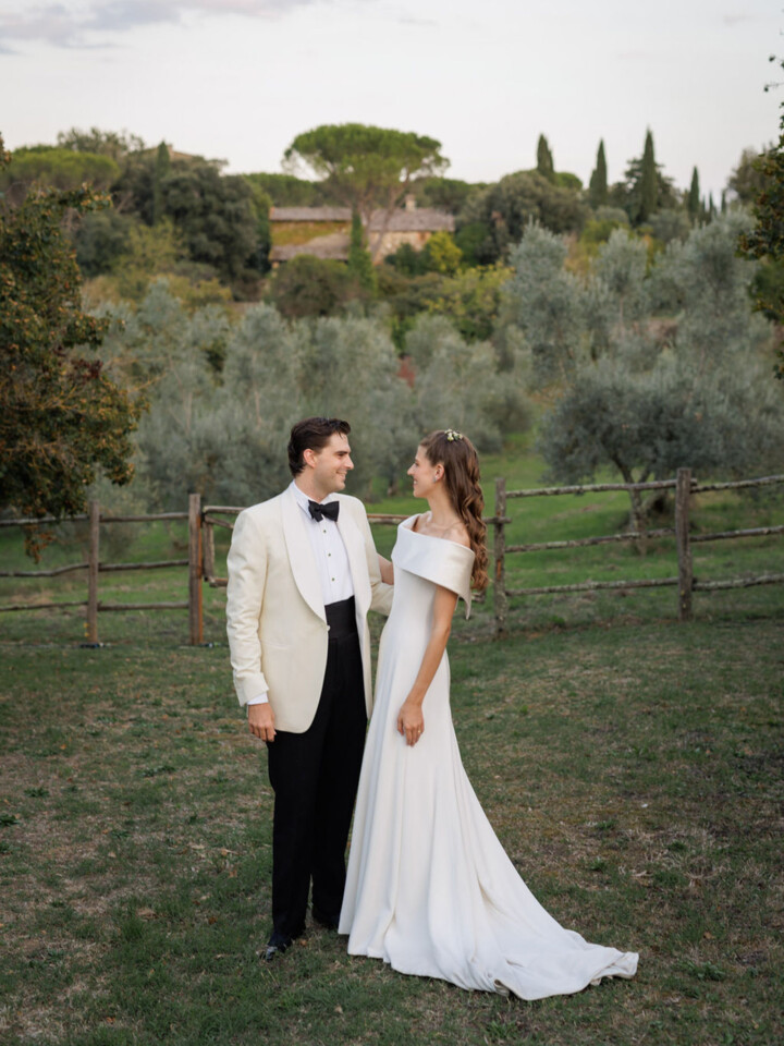 Phillipa Lepley bride Tatiana Silk Crepe and Duchess Satin Wedding Dress Bespoke Personal Embroidery Tuscany Italian Wedding