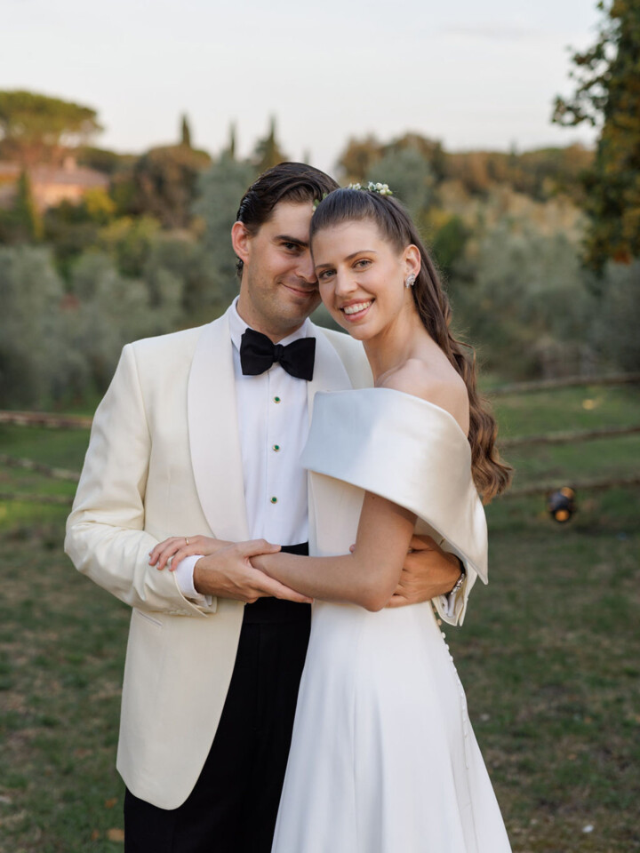 Phillipa Lepley bride Tatiana Silk Crepe and Duchess Satin Wedding Dress Bespoke Personal Embroidery Tuscany Italian Wedding