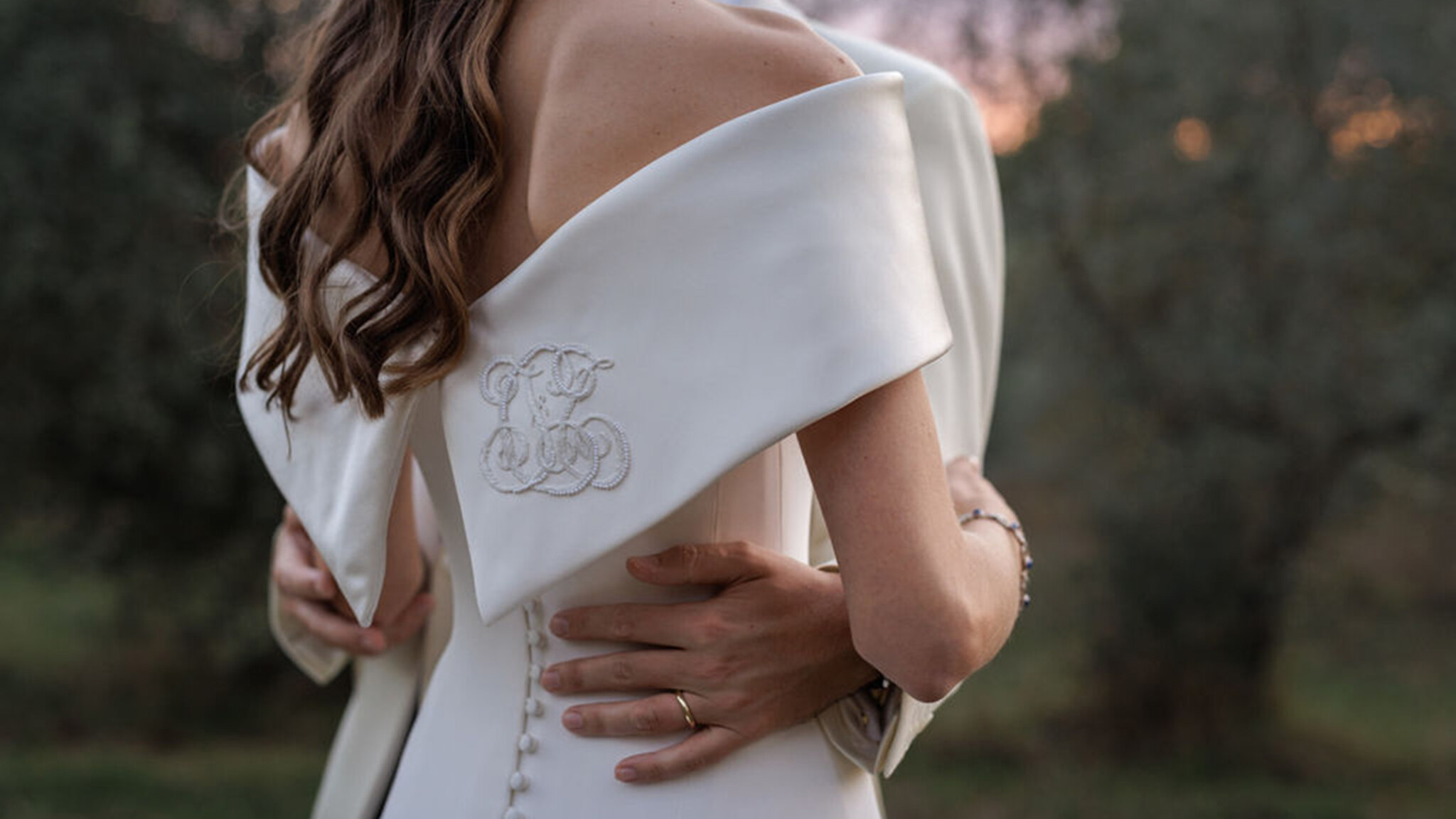 Phillipa Lepley bride Tatiana Silk Crepe and Duchess Satin Wedding Dress Bespoke Personal Embroidery Tuscany Italian Wedding