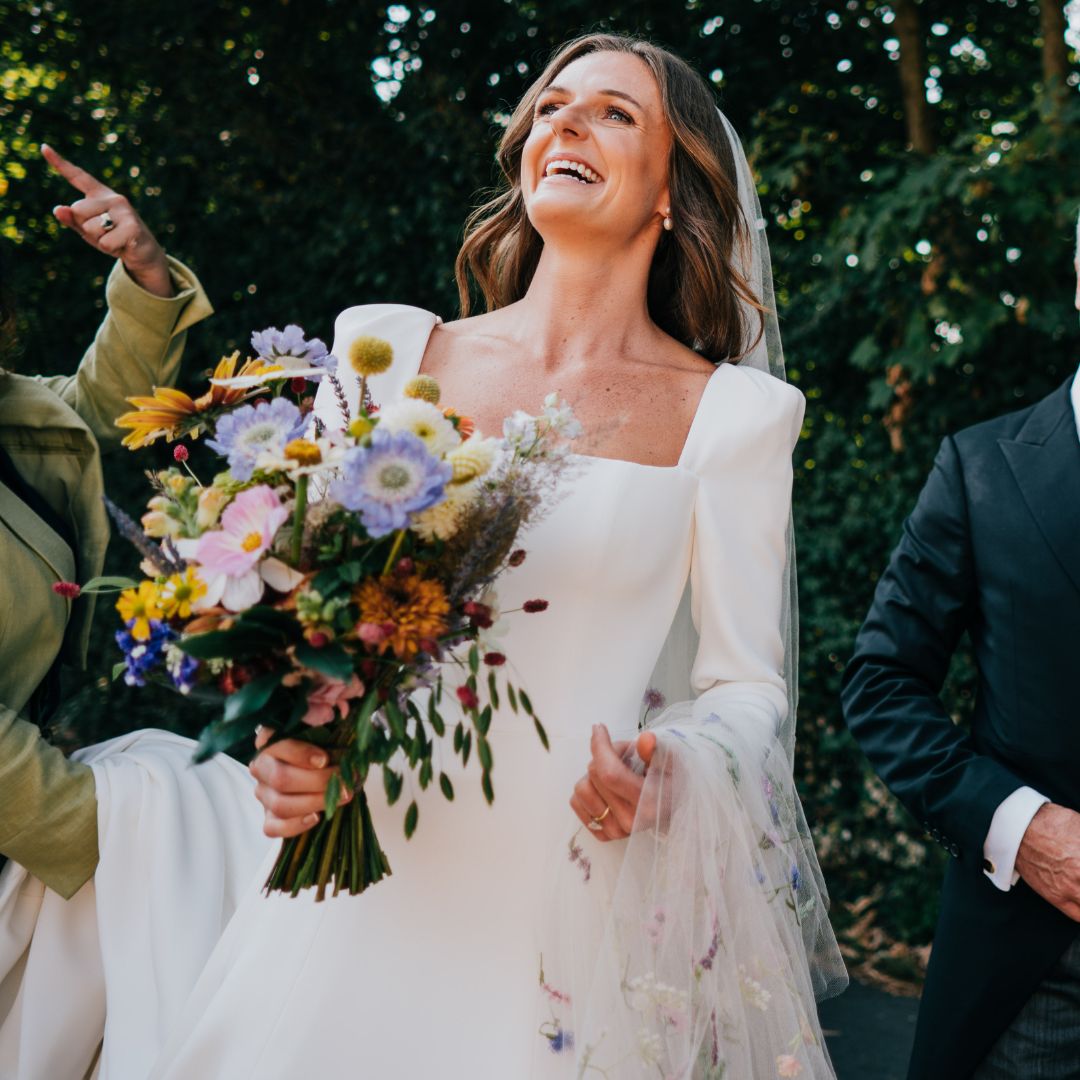 Phillipa Lepley Bride Charlotte Hand Embroidered Wildflower Meadow Colourful Veil Silk Crepe Modern Wedding Dress