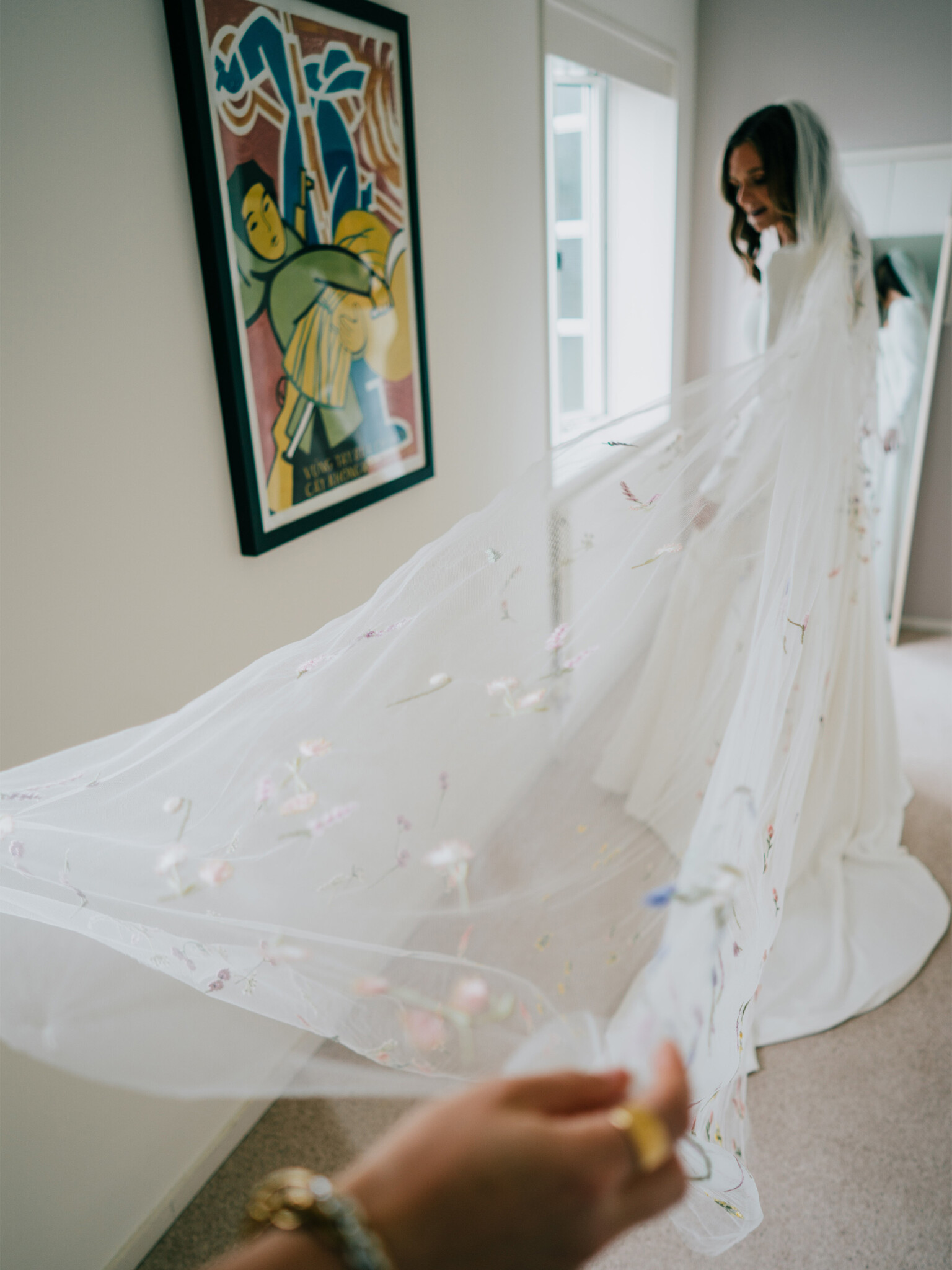 Phillipa Lepley Bride Charlotte Hand Embroidered Wildflower Meadow Colourful Veil Silk Crepe Modern Wedding Dress