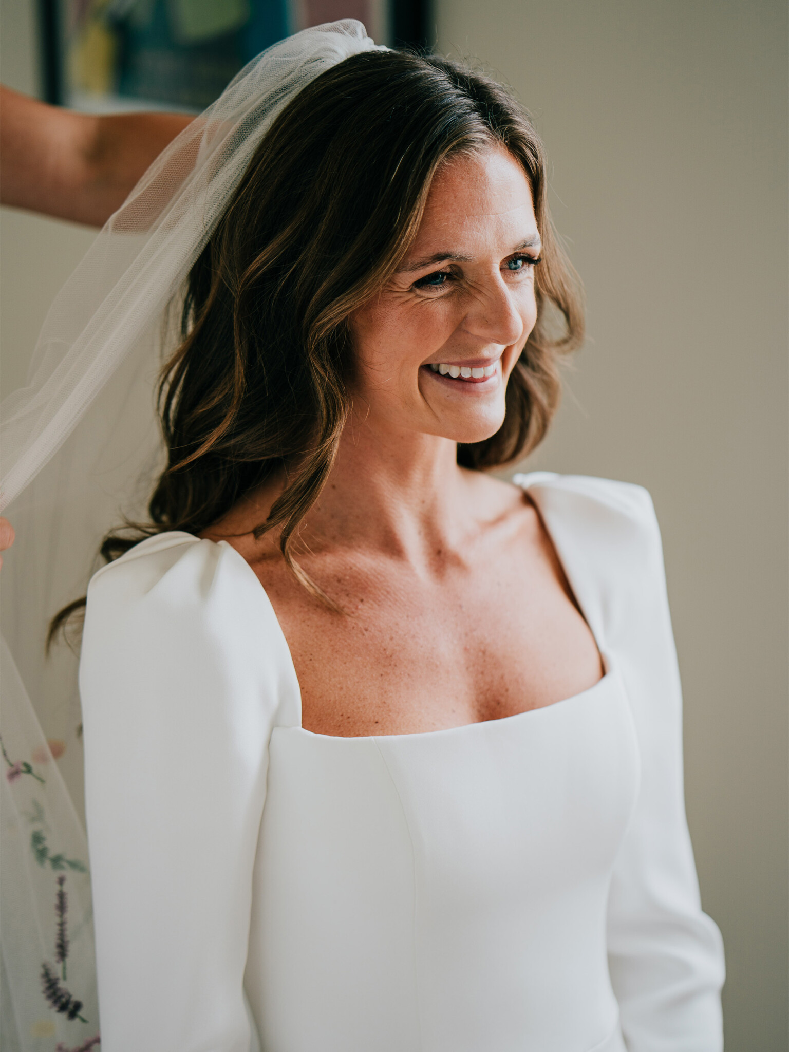 Phillipa Lepley Bride Charlotte Hand Embroidered Wildflower Meadow Colourful Veil Silk Crepe Modern Wedding Dress