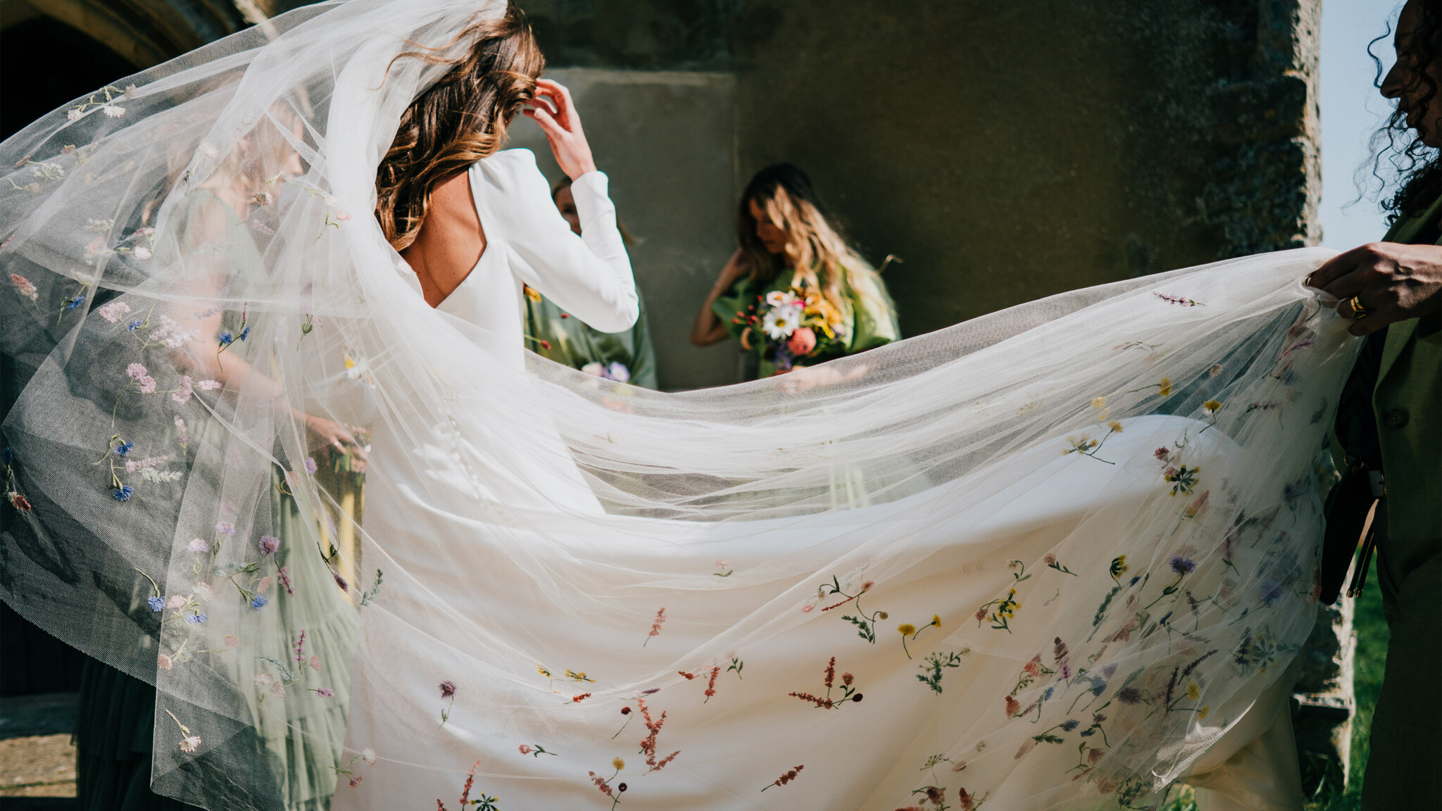 Phillipa Lepley Bride Charlotte Hand Embroidered Wildflower Meadow Colourful Veil Silk Crepe Modern Wedding Dress