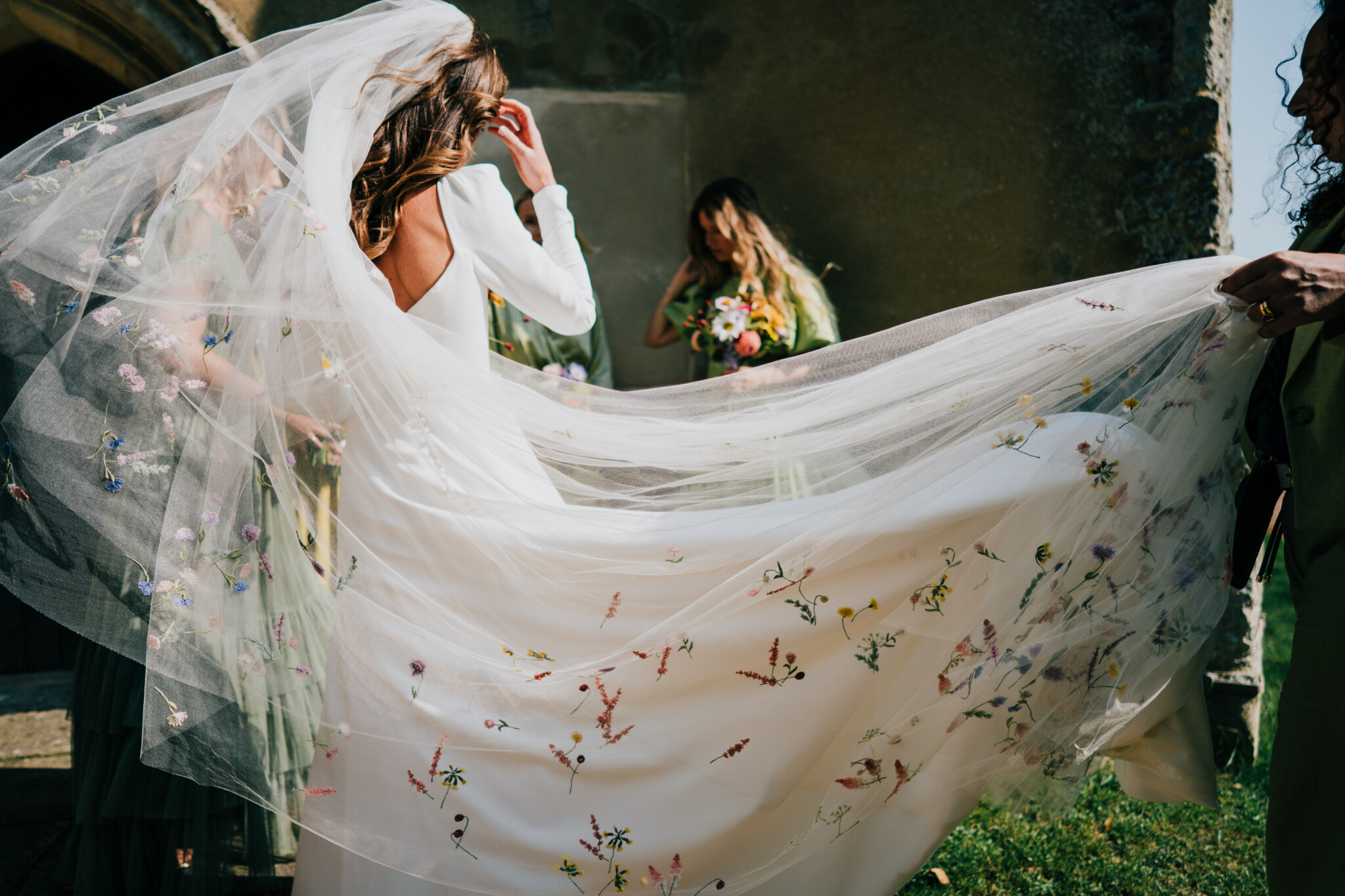 Phillipa Lepley Bride Charlotte Hand Embroidered Wildflower Meadow Colourful Veil Silk Crepe Modern Wedding Dress