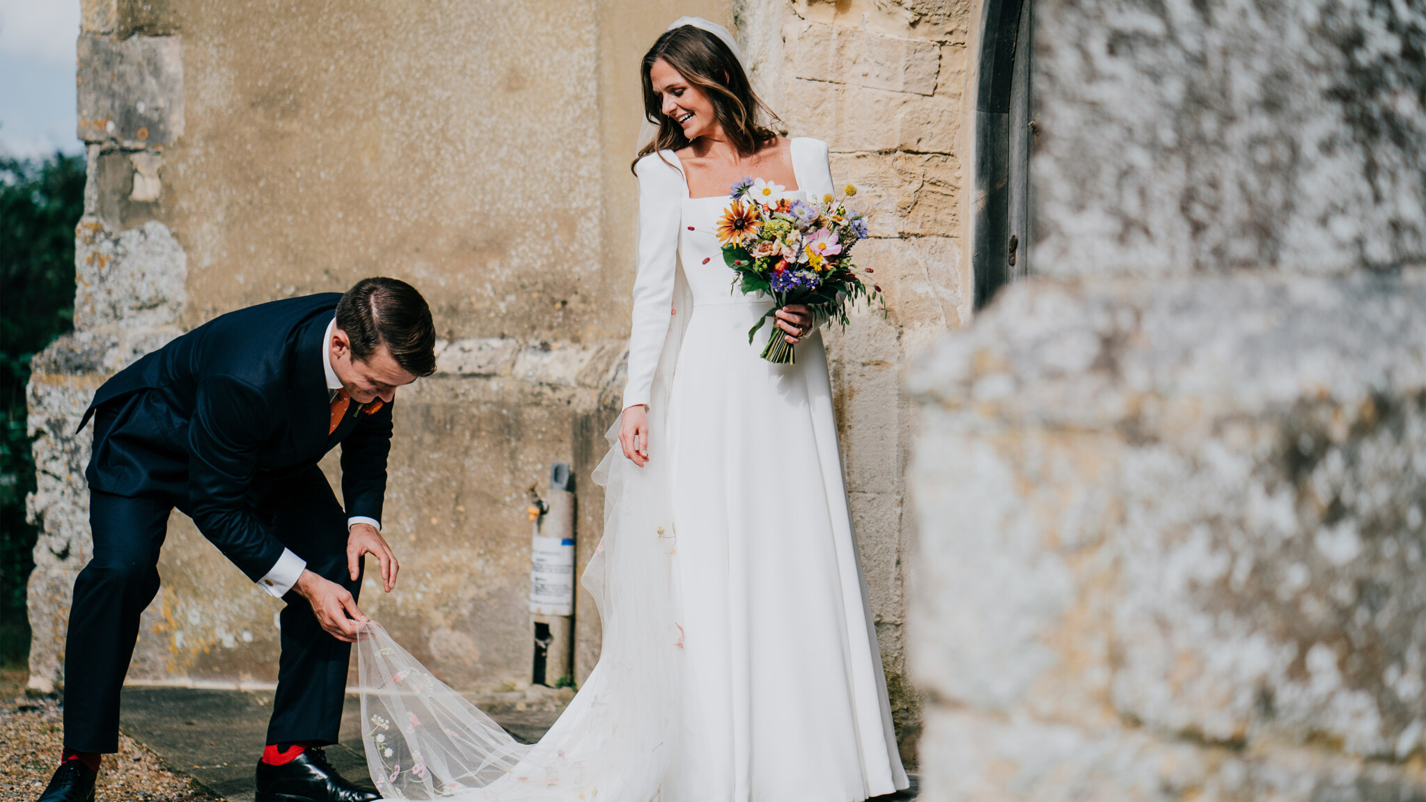 Phillipa Lepley Bride Charlotte Hand Embroidered Wildflower Meadow Colourful Veil Silk Crepe Modern Wedding Dress