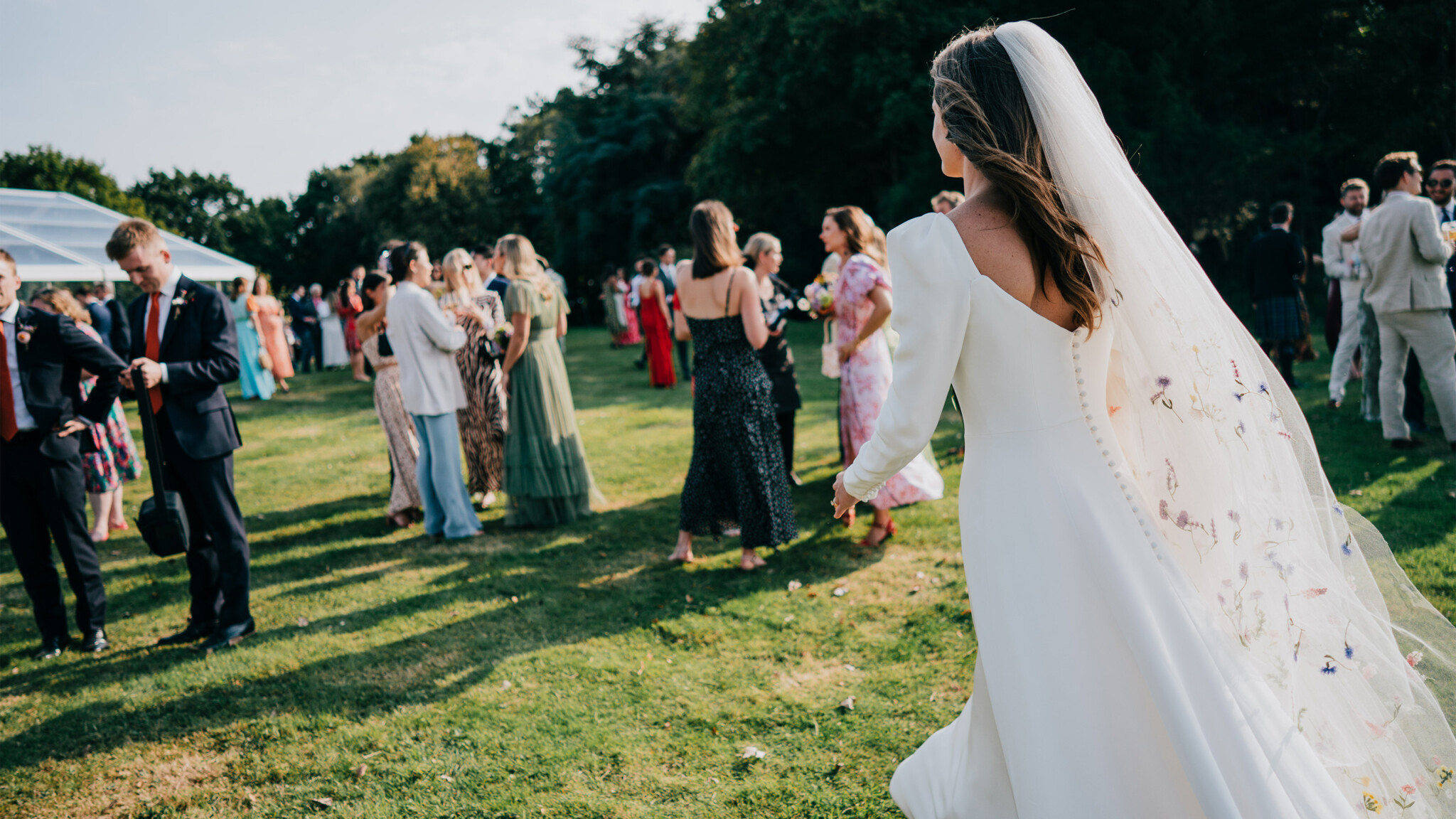 Phillipa Lepley Bride Charlotte Hand Embroidered Wildflower Meadow Colourful Veil Silk Crepe Modern Wedding Dress